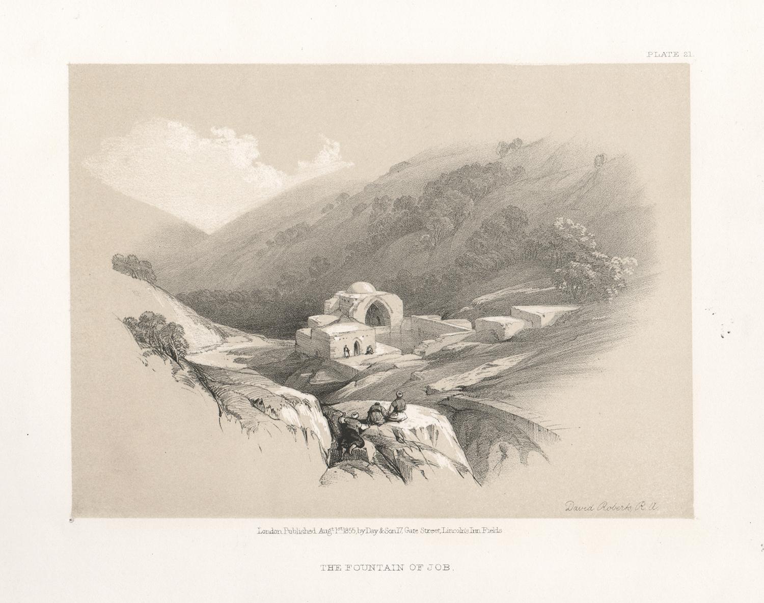 la fontaine de Job", lithographie teintée d'après David Roberts RA.

Signé en pierre en bas à droite. Titre imprimé sous l'image. Roberts a voyagé en Égypte et en Terre Sainte à la fin des années 1830, réalisant des aquarelles et des dessins de