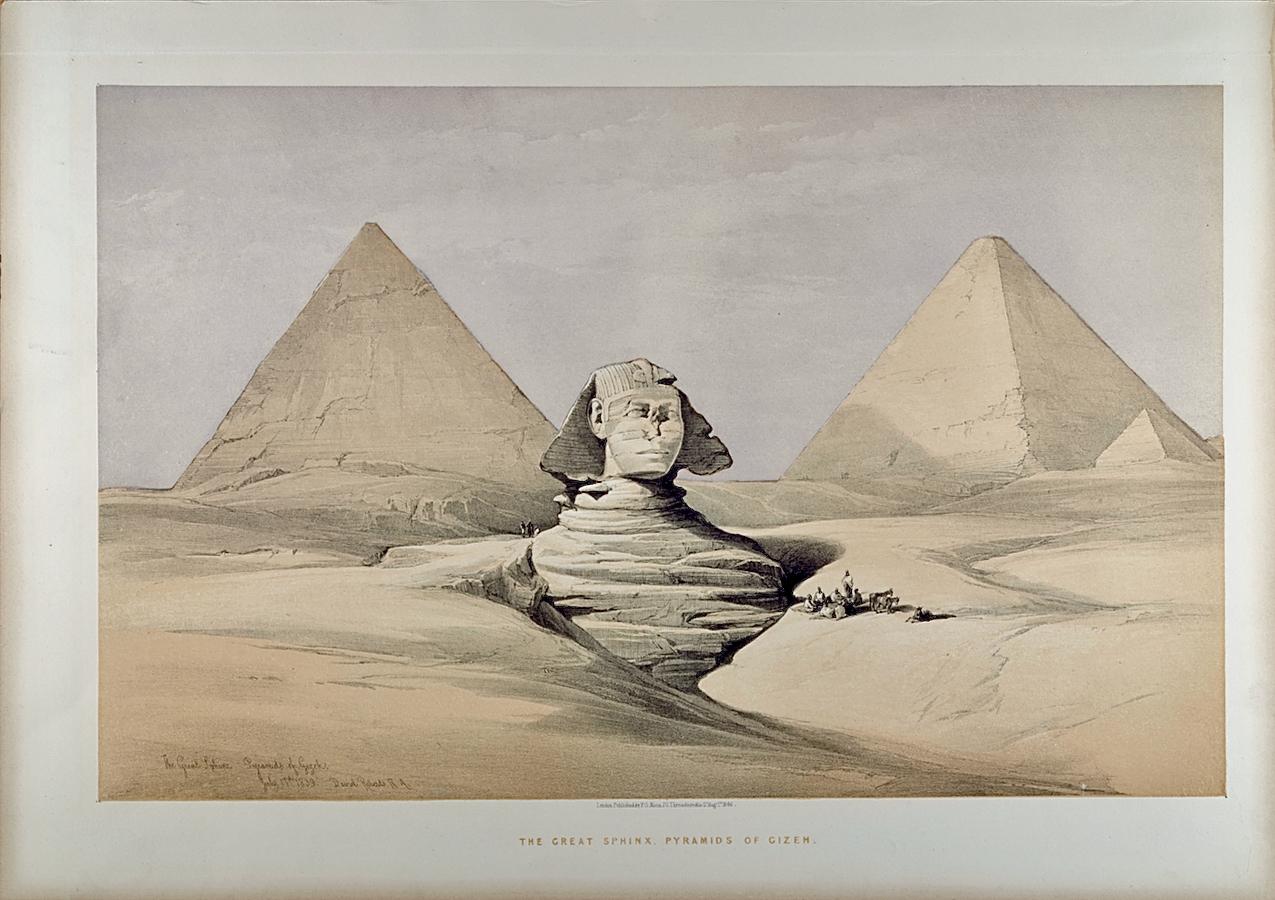 La Grande Sfinge e le Piramidi, Giza, Egitto: Una litografia del 19° C. di David Roberts
