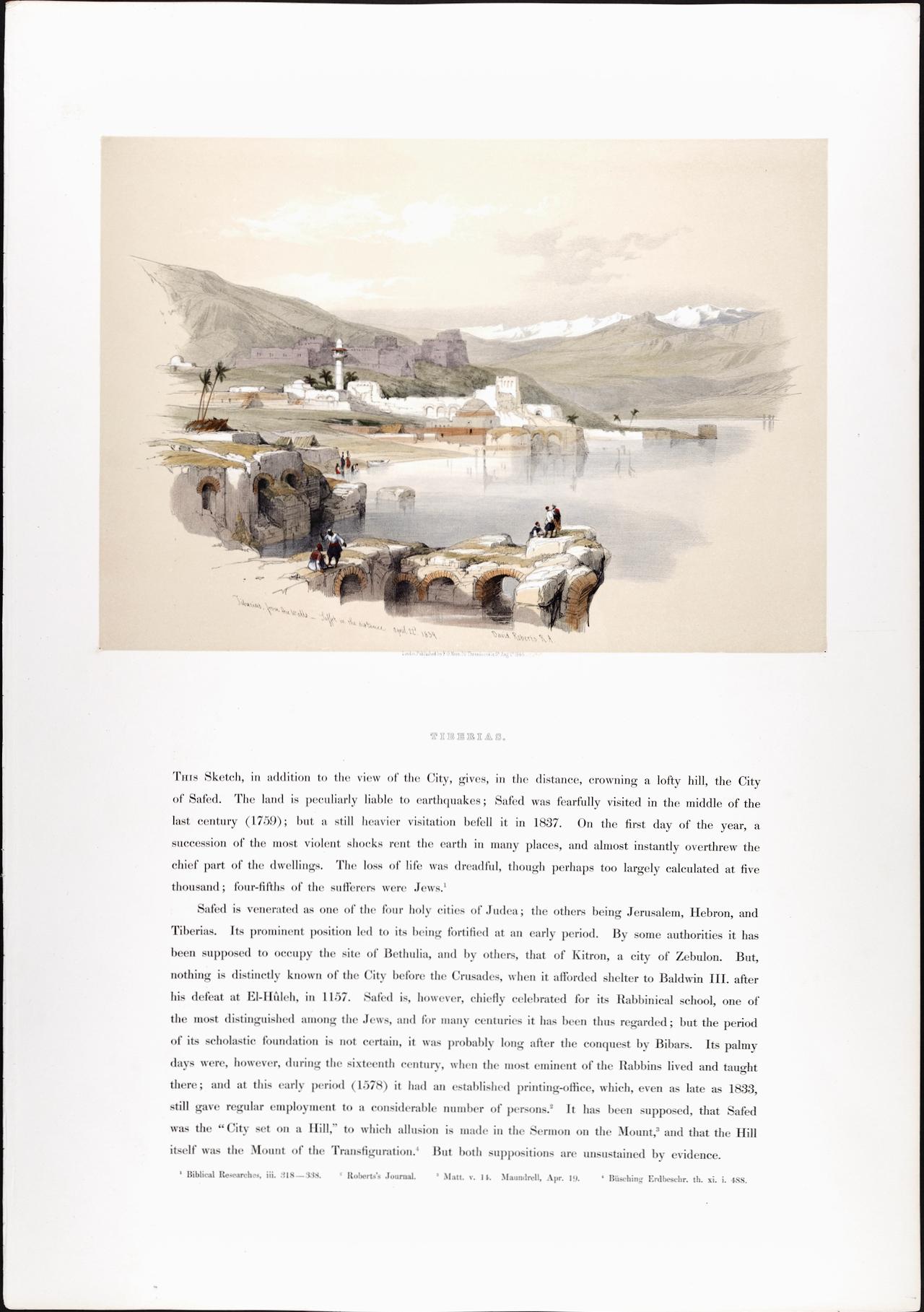 Tiberias from the Walls : Lithographie de David Roberts du 19e siècle, colorée à la main