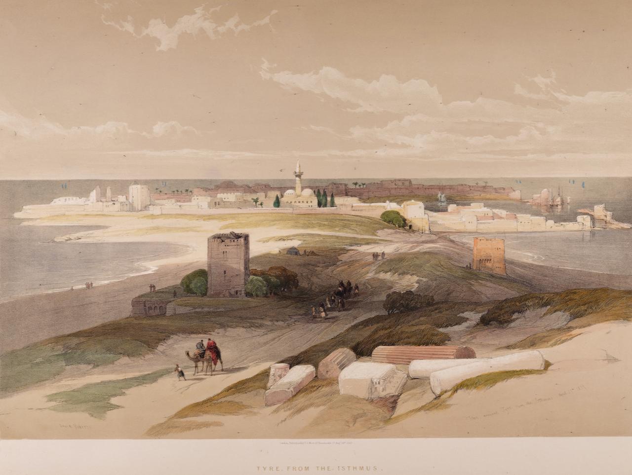 Tyre, From the Isthmus: Roberts' 19th C. Hand-colored Lithograph - Print by David Roberts