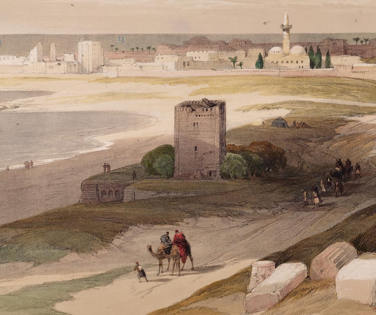 Tyre, From the Isthmus: Roberts' 19th C. Hand-colored Lithograph - Realist Print by David Roberts