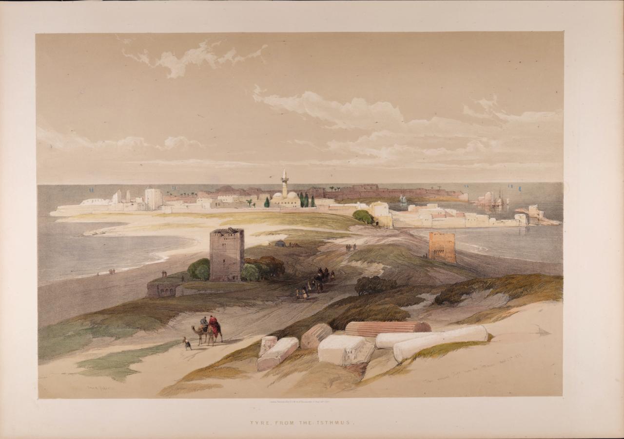 David Roberts Interior Print - Tyre, From the Isthmus: Roberts' 19th C. Hand-colored Lithograph