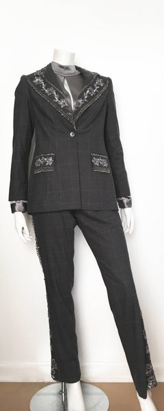 David Rodriguez Grey Beaded Pant Suit with Silk Blouse Size 8.
