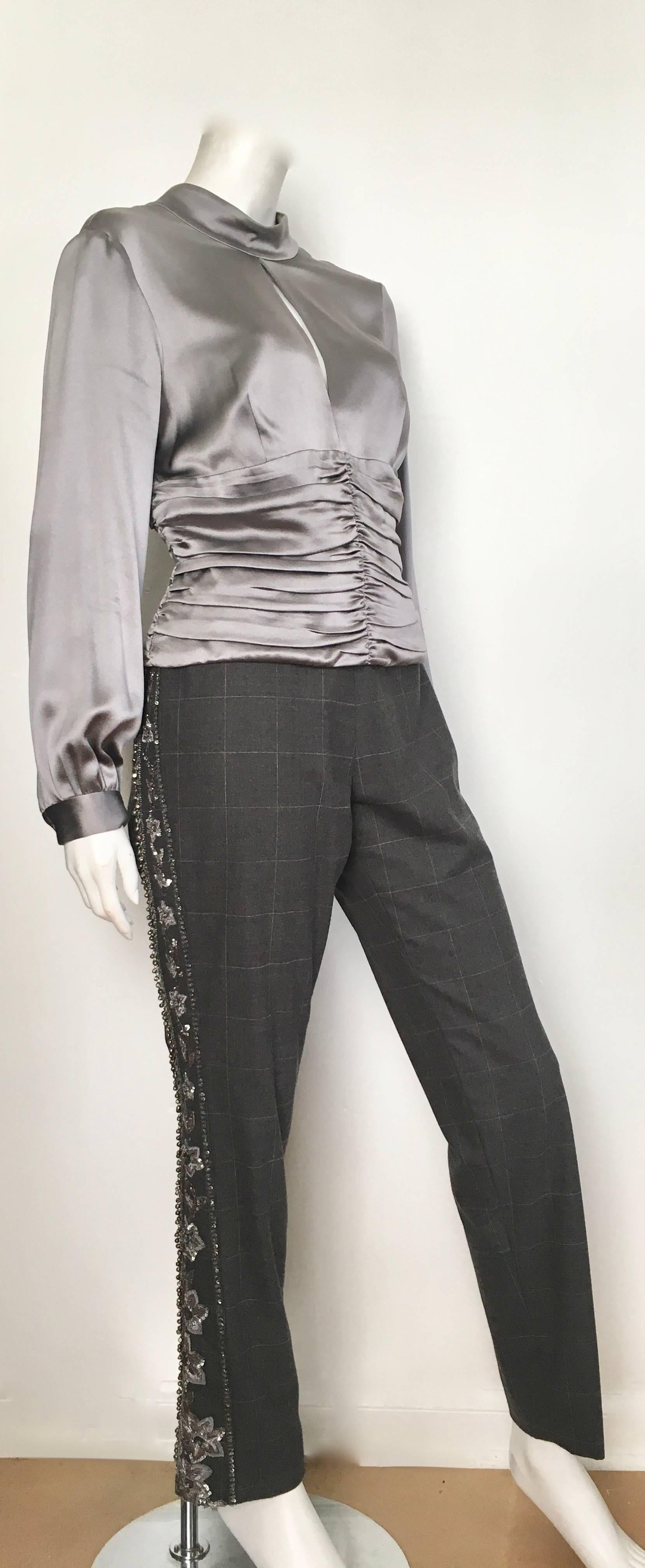 David Rodriguez Grey Beaded Pant Suit with Silk Blouse Size 8. For Sale 2