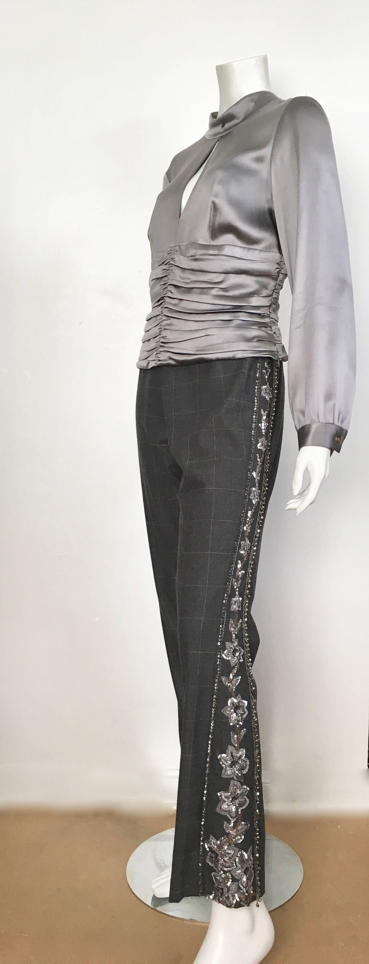 David Rodriguez Grey Beaded Pant Suit with Silk Blouse Size 8. For Sale 3