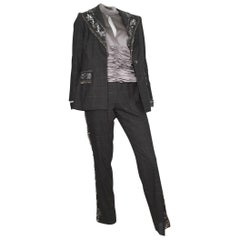 David Rodriguez Grey Beaded Pant Suit with Silk Blouse Size 8.