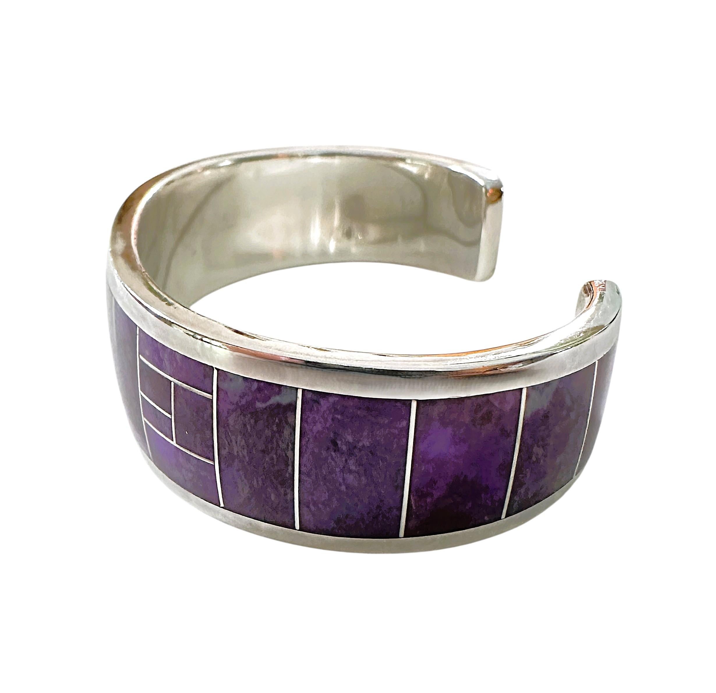Art Deco David Rosales Navajo Inlaid Purple Sugilite Thick Sterling Silver Cuff Bracelet
