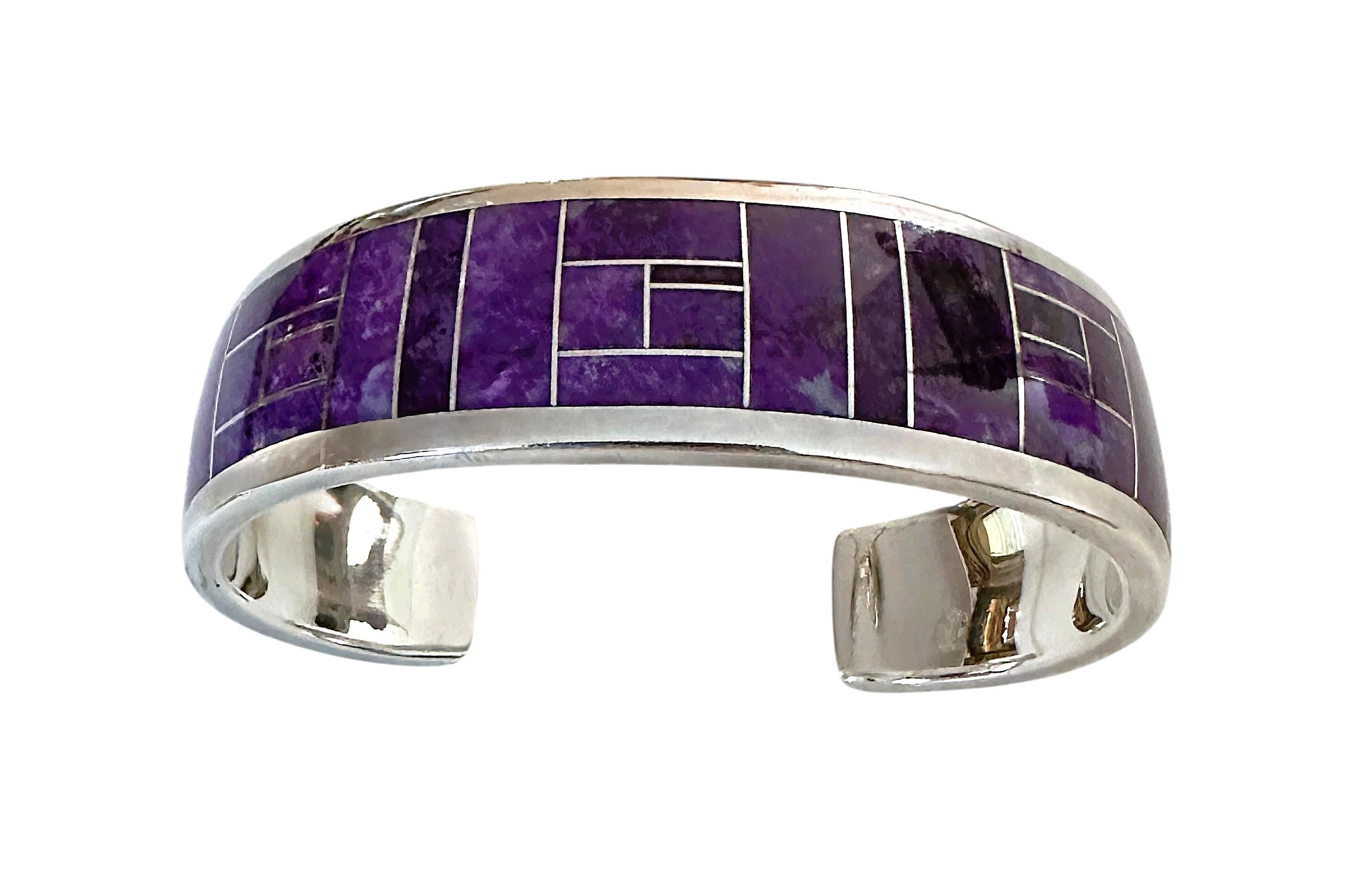 David Rosales Navajo Inlaid Purple Sugilite Thick Sterling Silver Cuff Bracelet 2