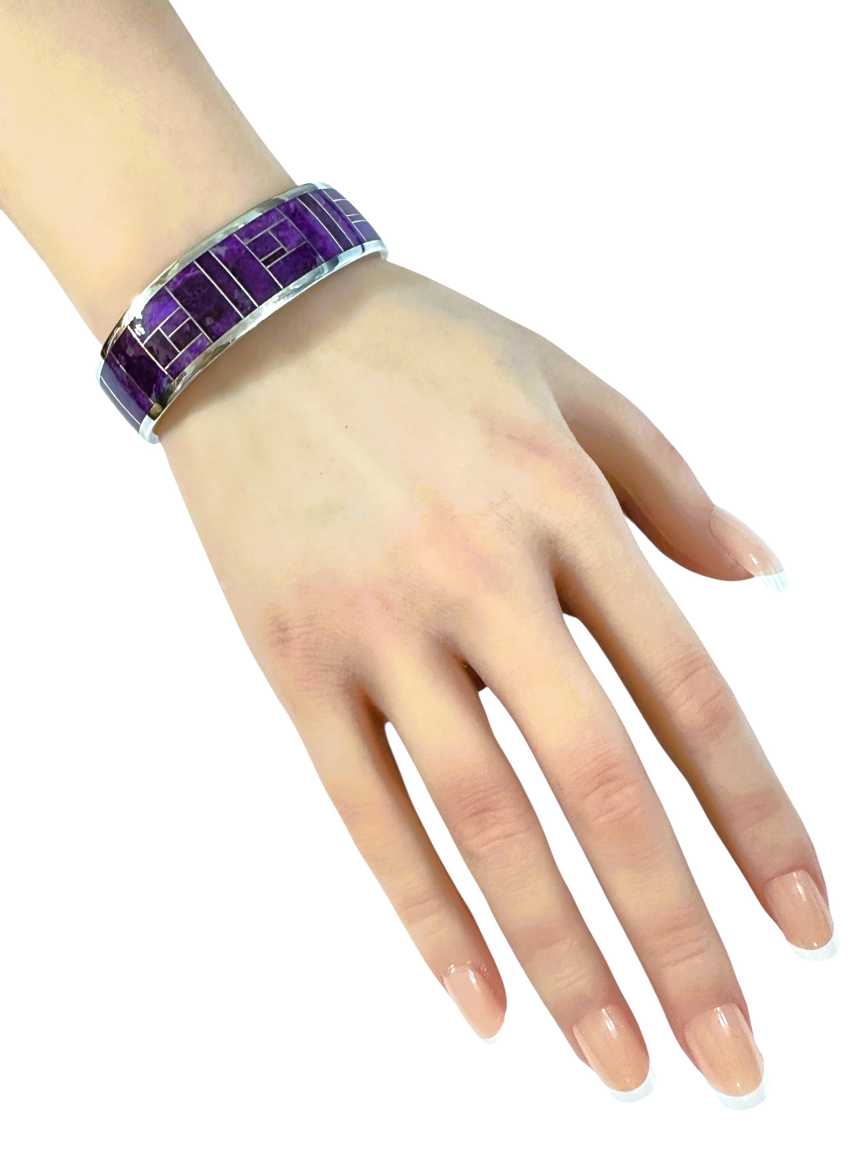 David Rosales Navajo Inlaid Purple Sugilite Thick Sterling Silver Cuff Bracelet 3