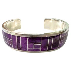 David Rosales Navajo Inlaid Purple Sugilite Thick Sterling Silver Cuff Bracelet