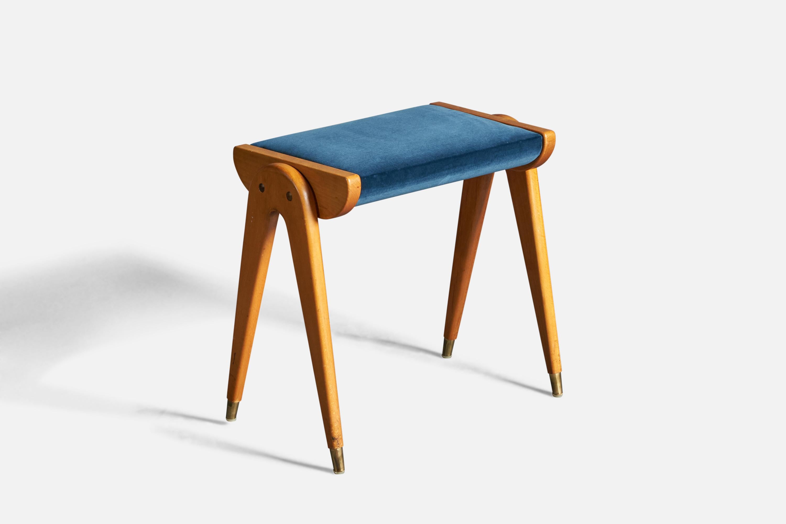 A wood, blue velvet and brass stool, design attributed to David Rosén, Sweden, c. 1950s.
