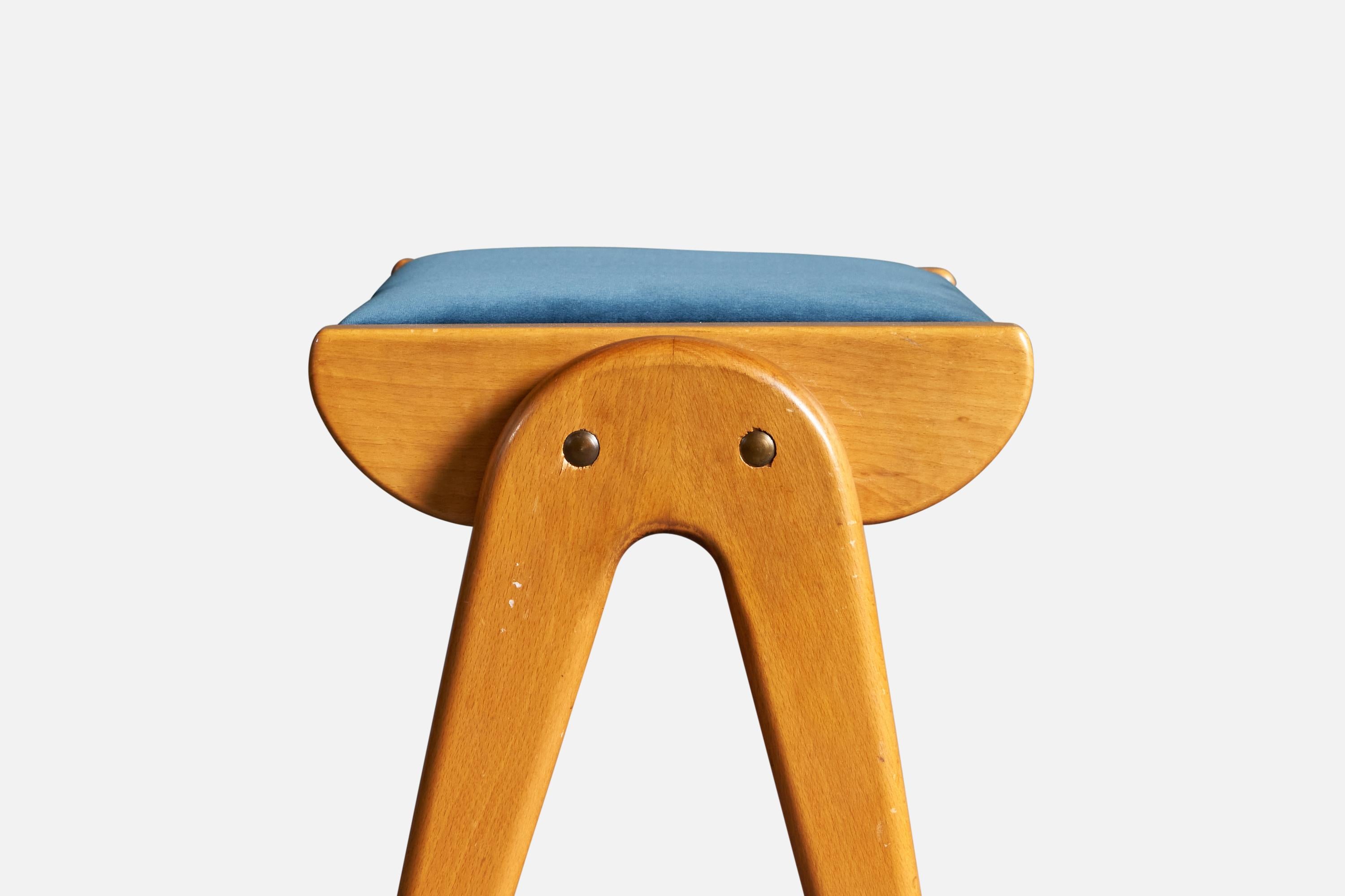 David Rosén Attribution, Stool, Wood, Brass Velvet, Sweden, 1950s In Good Condition For Sale In High Point, NC