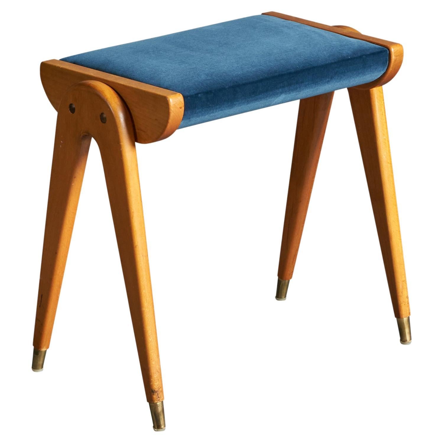 David Rosén Attribution, Stool, Wood, Brass Velvet, Sweden, 1950s For Sale