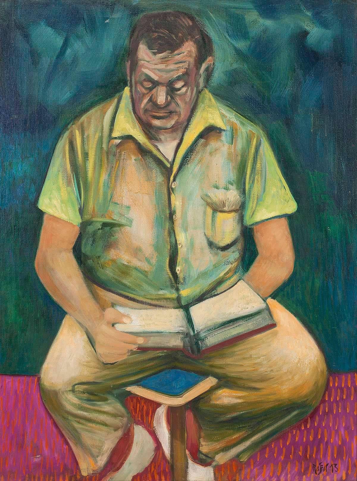 Middle Age Aint That Bad. (Retiree Reading a Book) - Painting by David Rosen (b.1912)