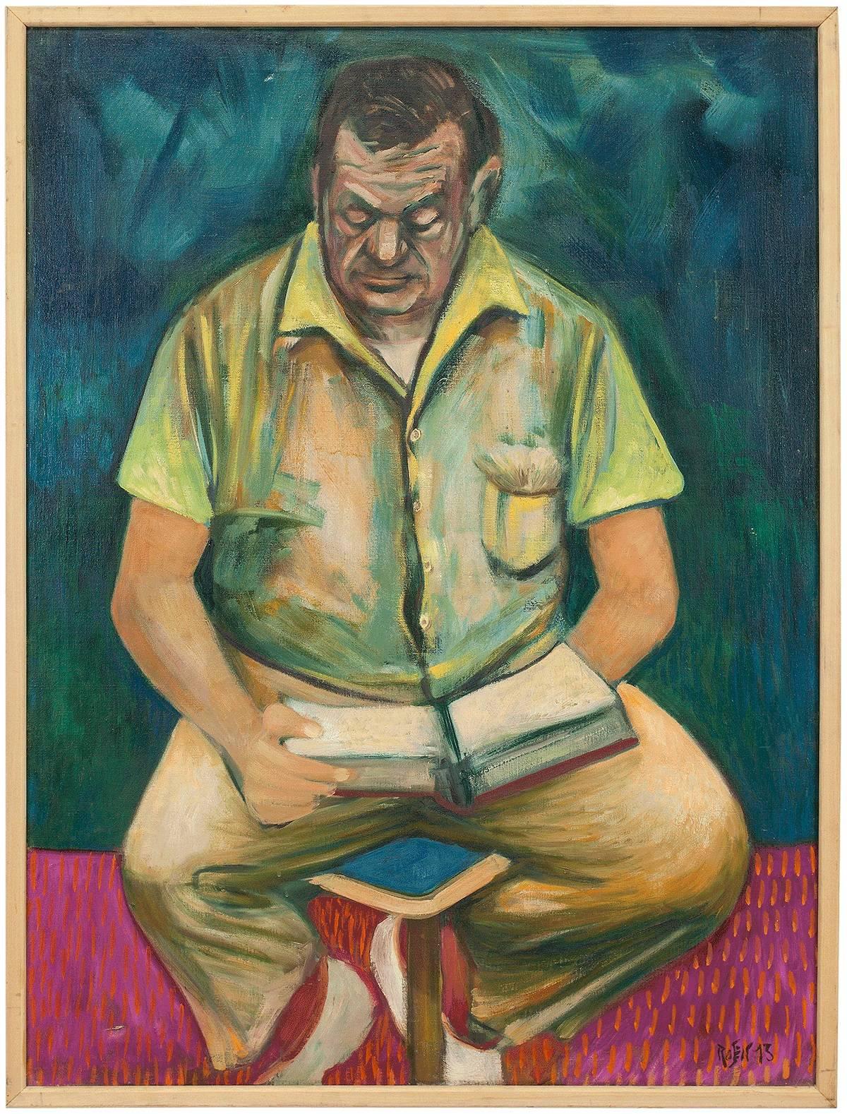 David Rosen (b.1912) Figurative Painting - Middle Age Aint That Bad. (Retiree Reading a Book)