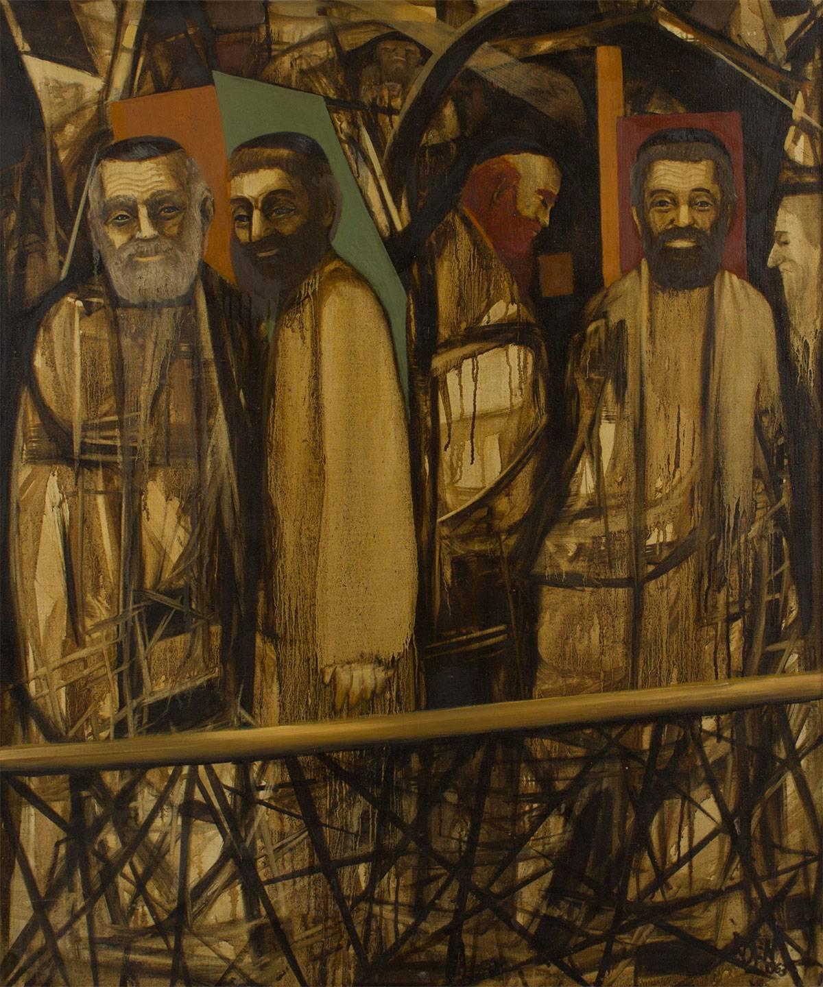 Sanctuaire, peinture à l'huile moderniste d'une scène judaïque - Painting de David Rosen (b.1912)