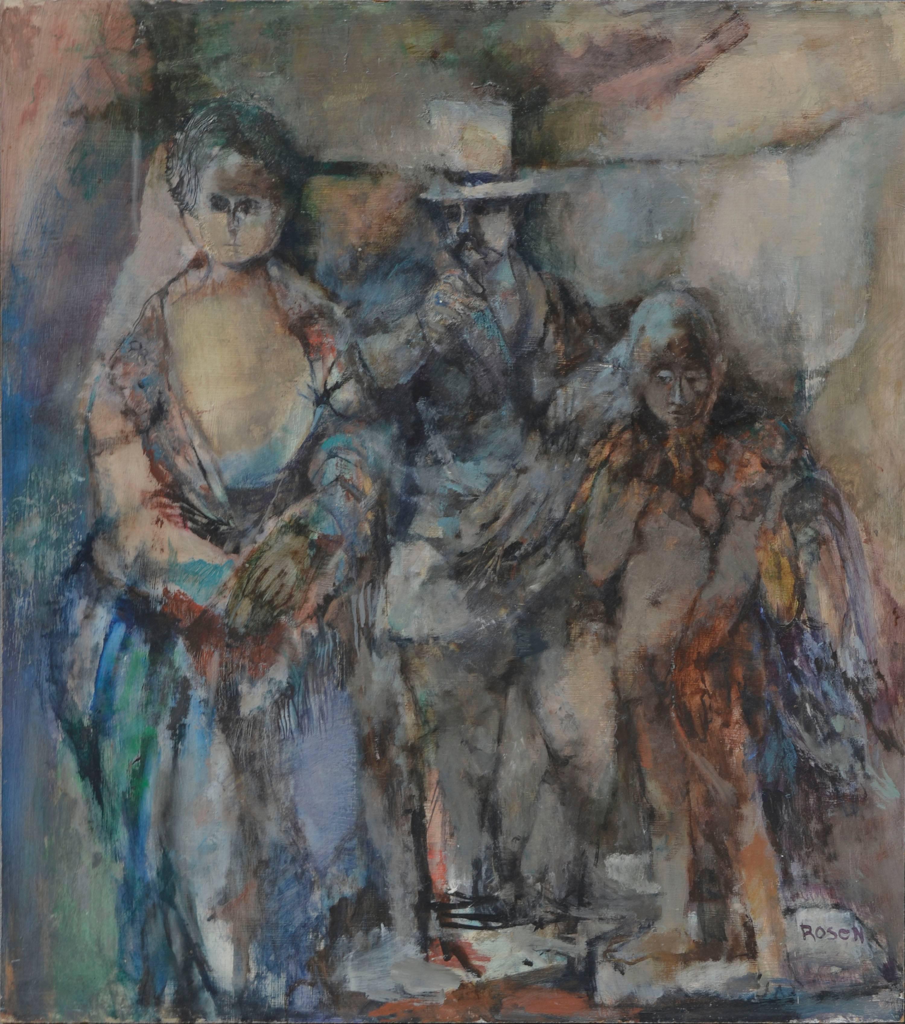 David Rosen (b.1912) Abstract Painting - Victorian Couple with Angel - Figurative Abstract