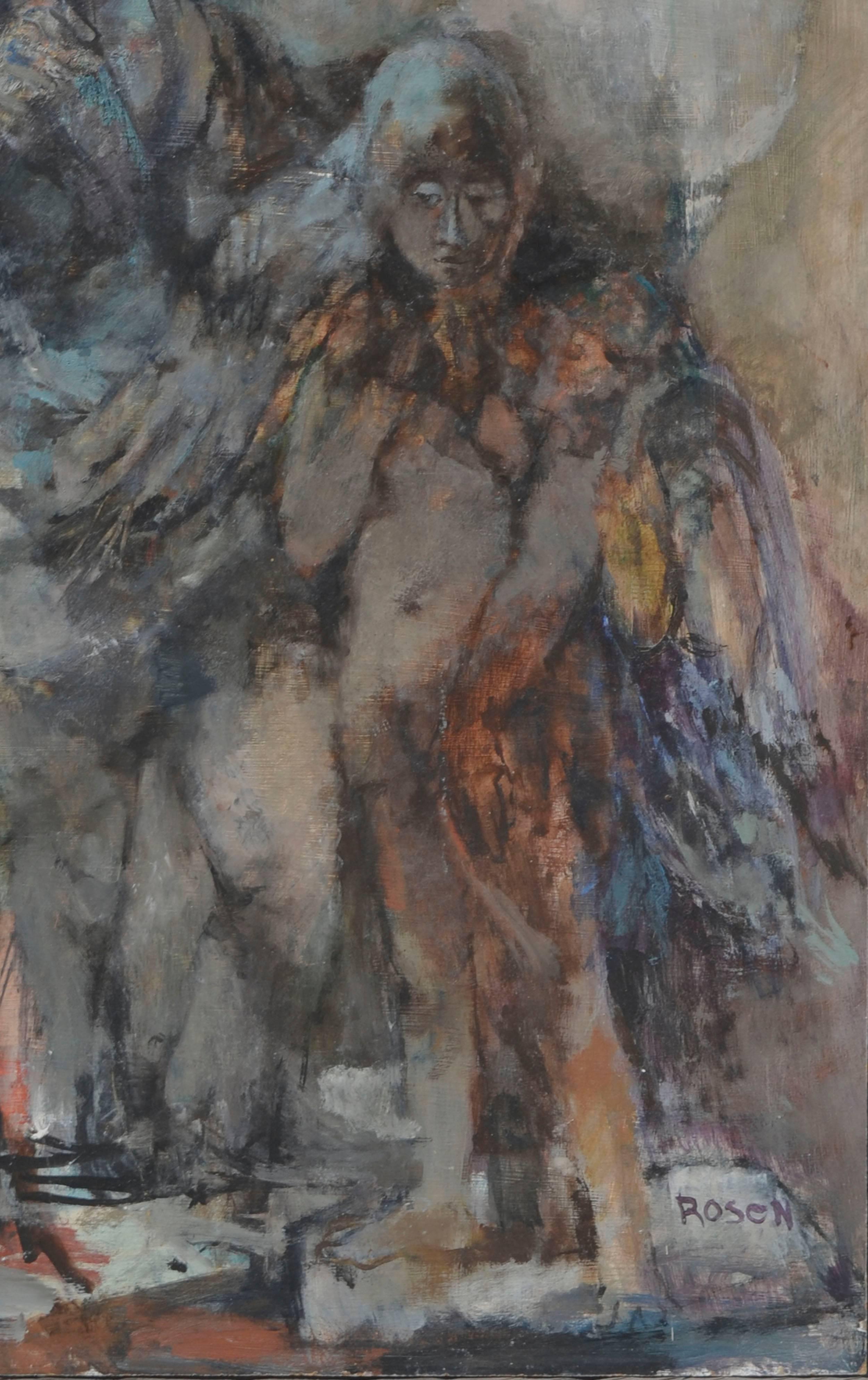 Victorian Couple with Angel - Figurative Abstract  - Painting by David Rosen (b.1912)