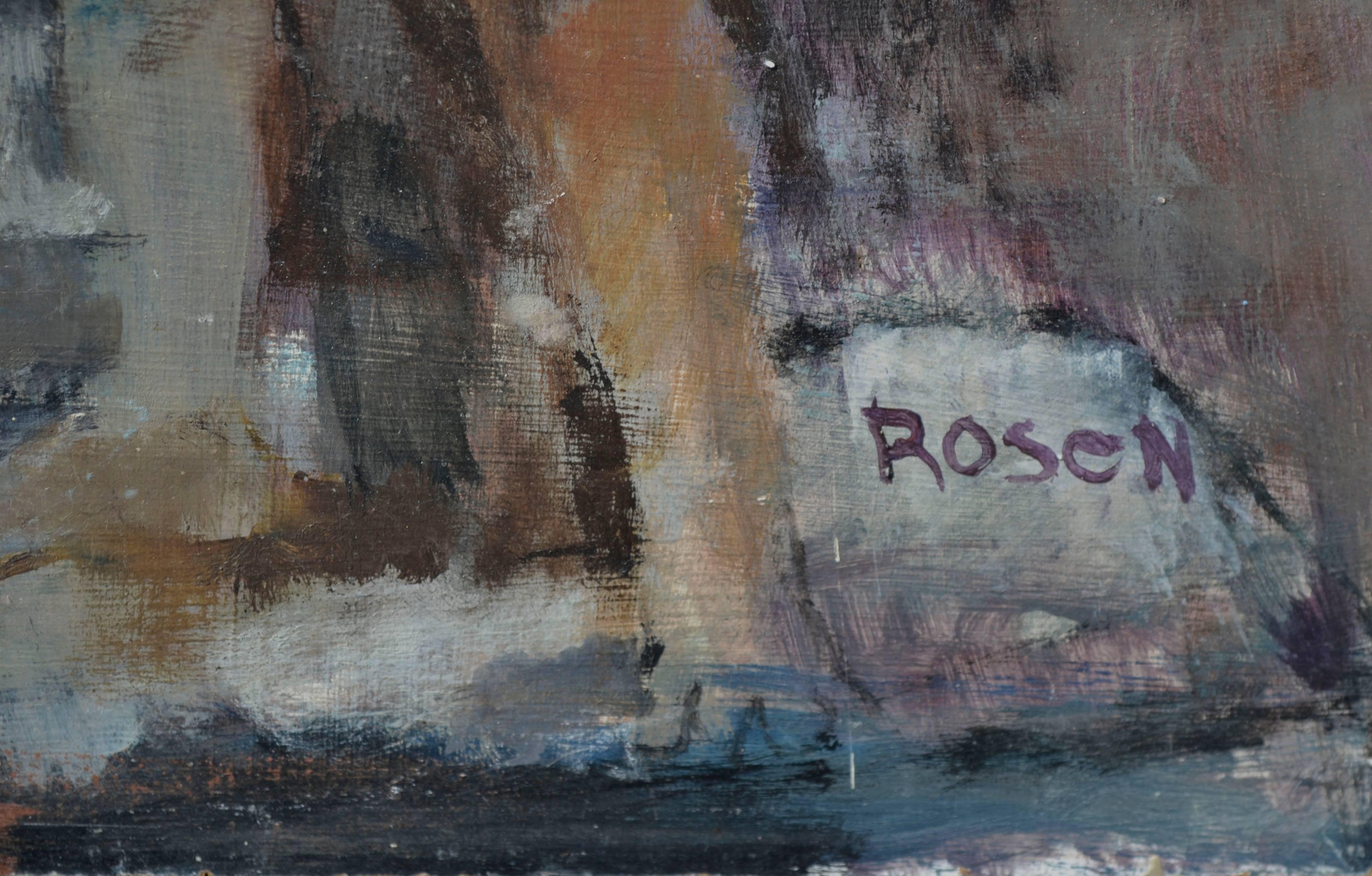 Stimmungsvolles figuratives abstraktes expressionistisches Gemälde eines viktorianischen Paares mit einem Engel des Künstlers David Rosen (Amerikaner, 1912-2004), ca. 1970. Signiert 