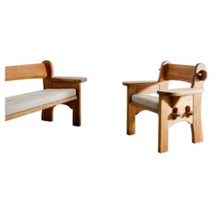 David Rosén Wooden Armchair & Sofa in Stained Pine by Nordiska Kompaniet, 1940s