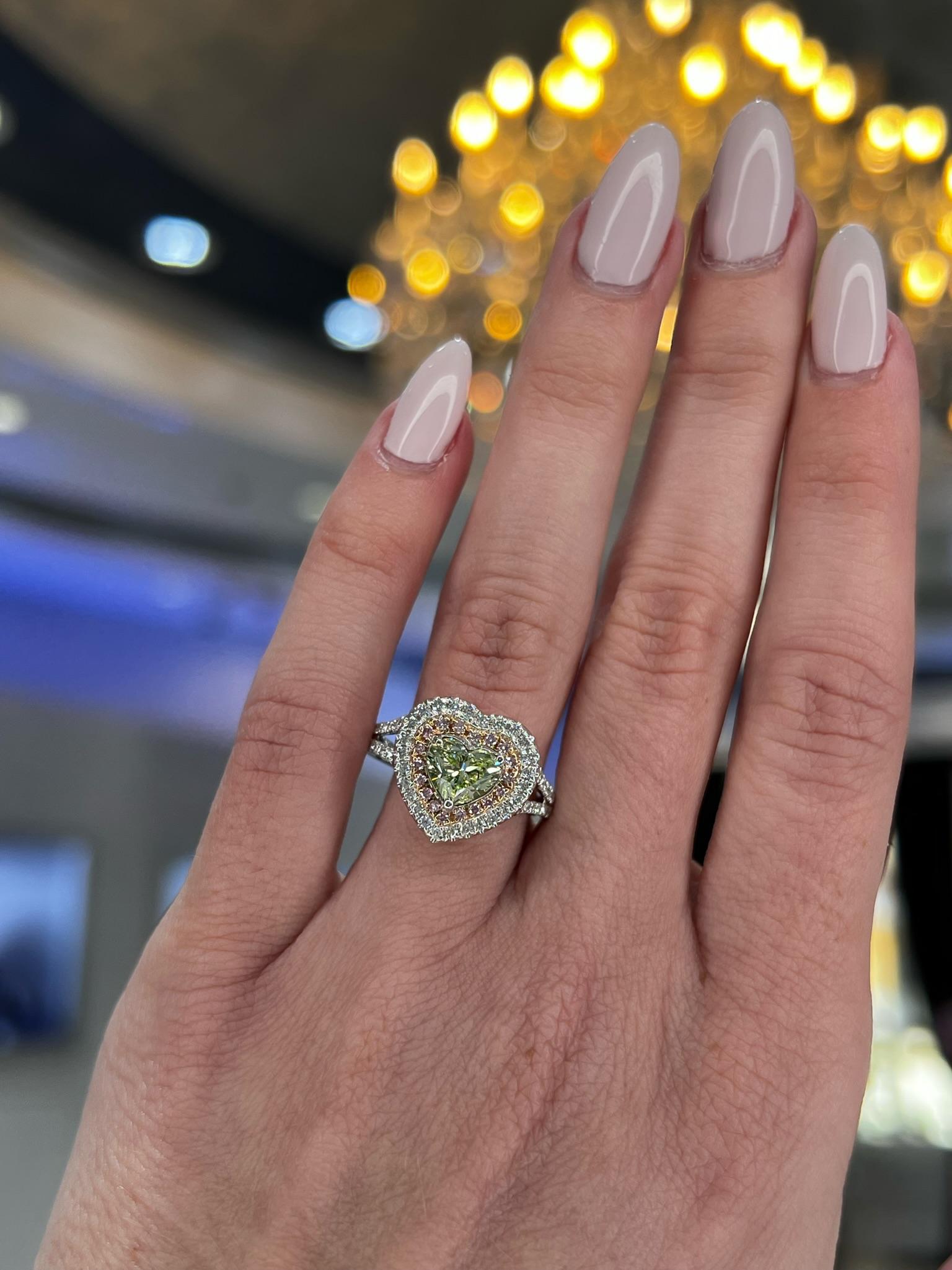 David Rosenberg 1.00 Carat Heart Shape Fancy Green Yellow GIA Diamond Ring For Sale 3