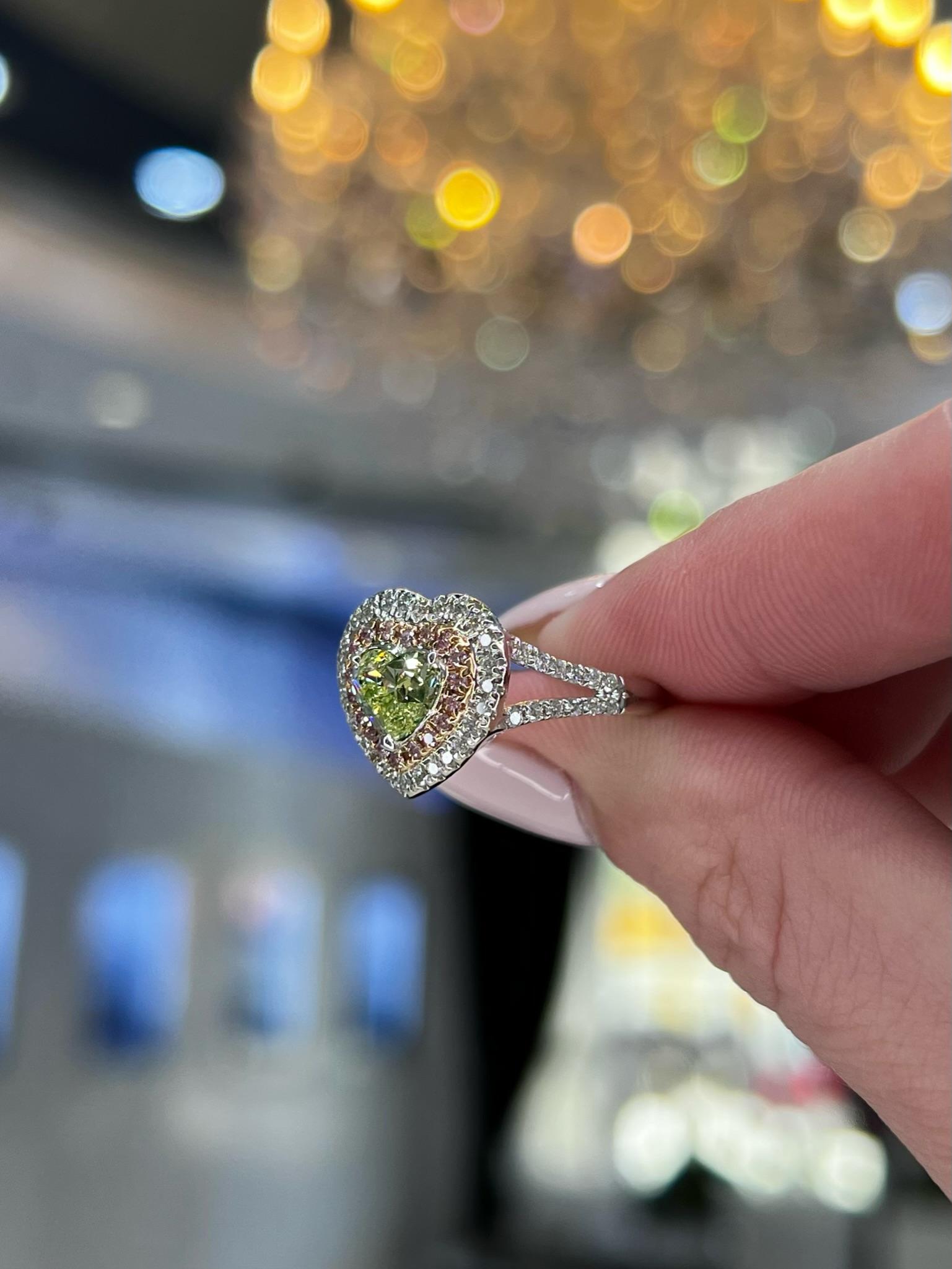 David Rosenberg 1.00 Carat Heart Shape Fancy Green Yellow GIA Diamond Ring For Sale 4