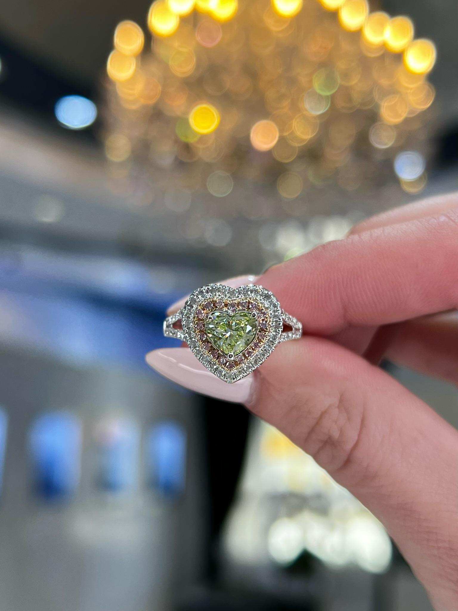 David Rosenberg 1.00 Carat Heart Shape Fancy Green Yellow GIA Diamond Ring For Sale 5