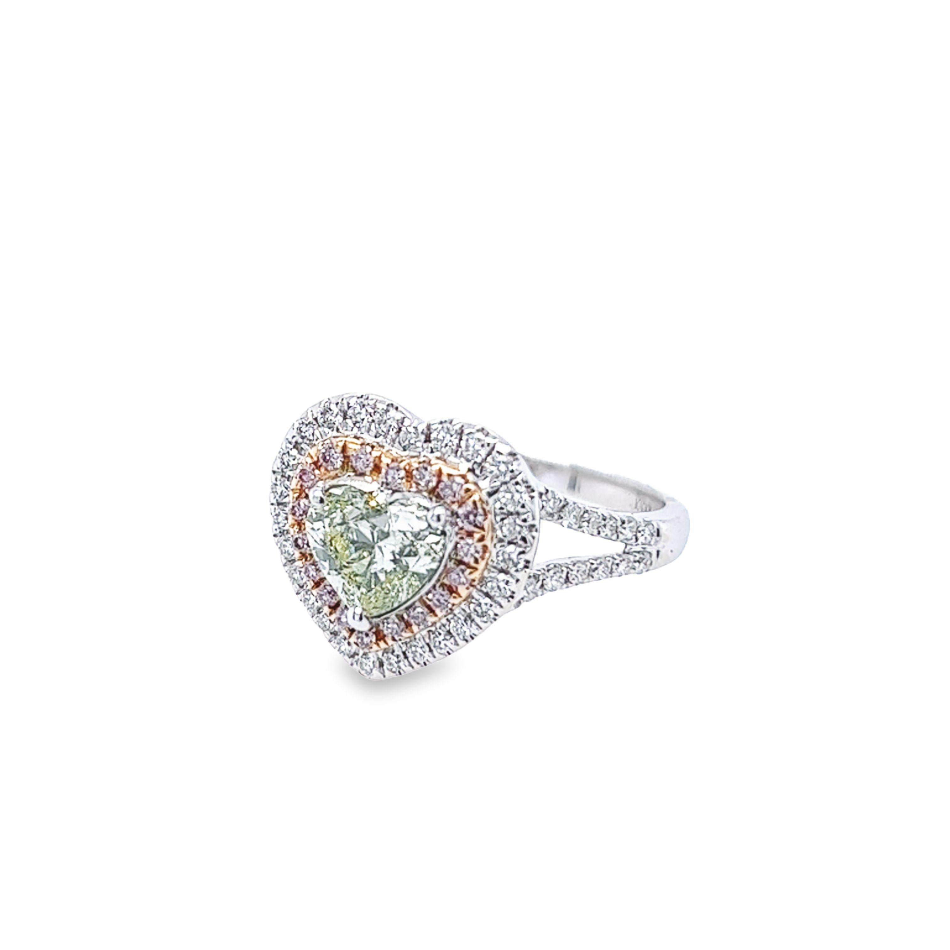 Taille cœur David Rosenberg, bague en forme de cœur en diamant jaune vert fantaisie de 1,00 carat certifié GIA en vente