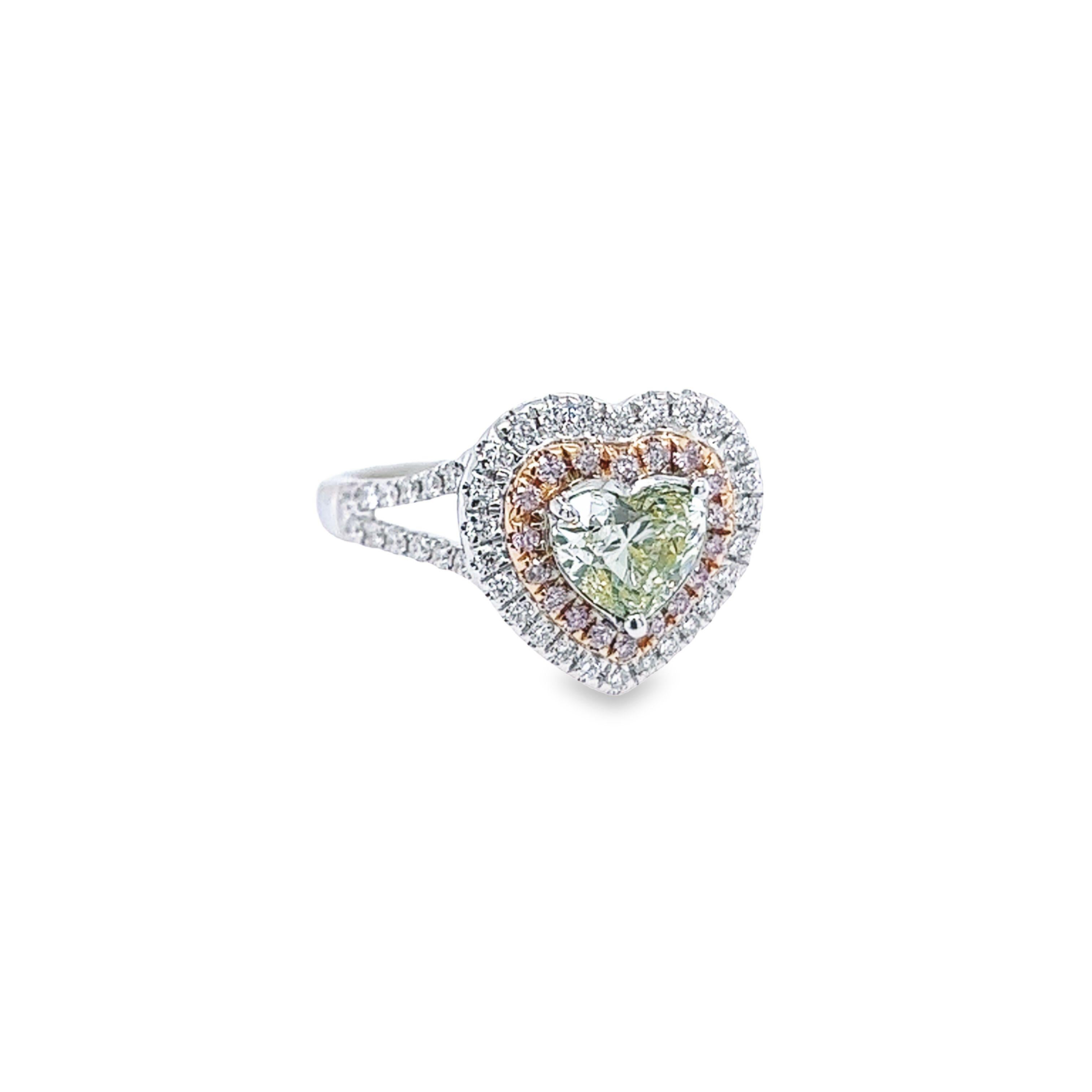 David Rosenberg 1.00 Carat Heart Shape Fancy Green Yellow GIA Diamond Ring In New Condition For Sale In Boca Raton, FL