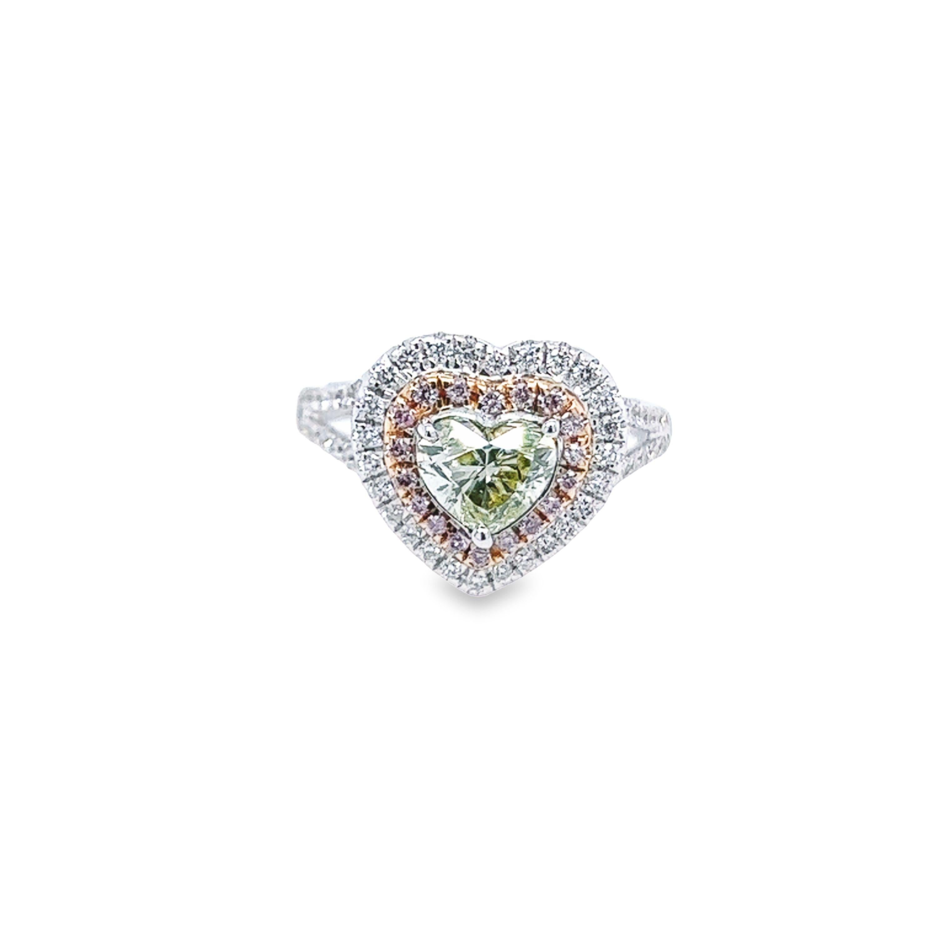 Women's David Rosenberg 1.00 Carat Heart Shape Fancy Green Yellow GIA Diamond Ring For Sale