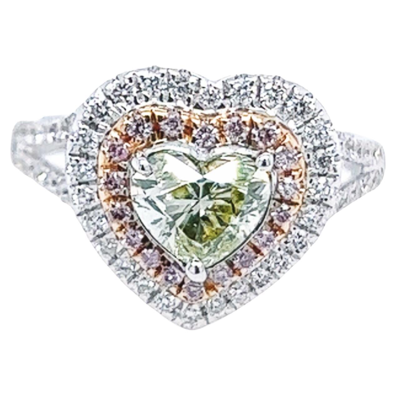 David Rosenberg 1.00 Carat Heart Shape Fancy Green Yellow GIA Diamond Ring For Sale