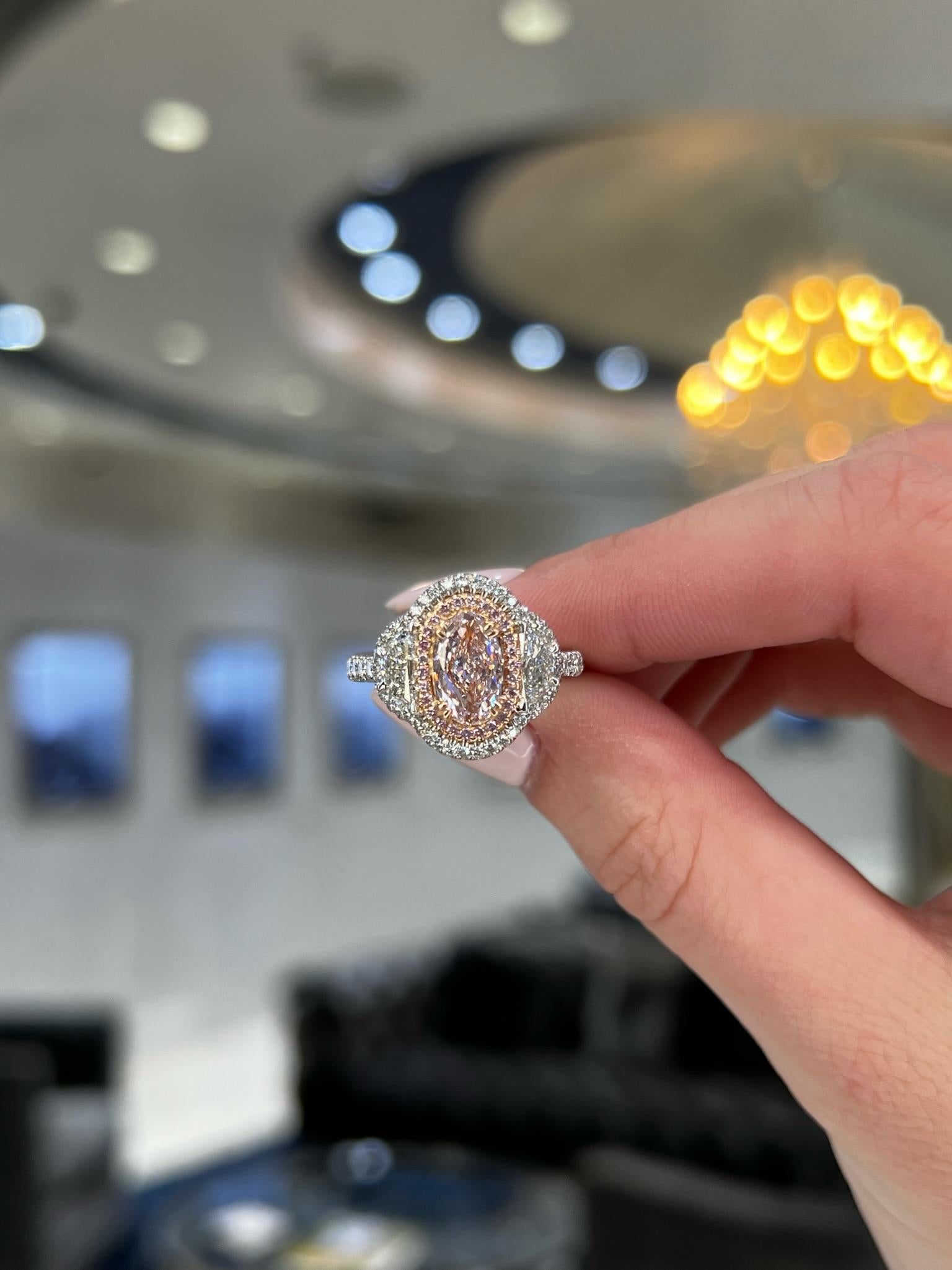David Rosenberg 1.00 Carat Oval GIA Fancy Pink Platinum Three-Stone Diamond Ring For Sale 2
