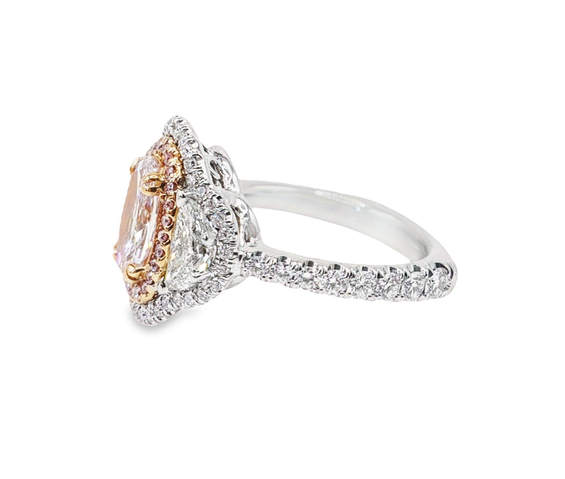 Modern David Rosenberg 1.00 Carat Oval GIA Fancy Pink Platinum Three-Stone Diamond Ring For Sale
