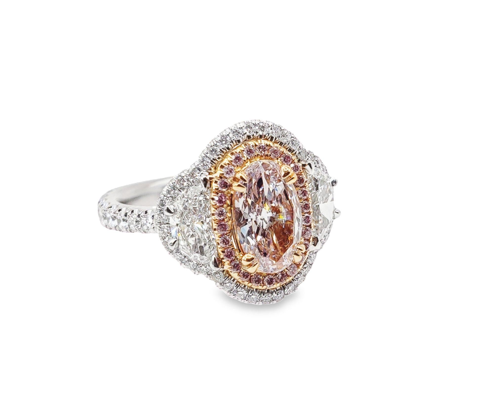 Women's David Rosenberg 1.00 Carat Oval GIA Fancy Pink Platinum Three-Stone Diamond Ring For Sale