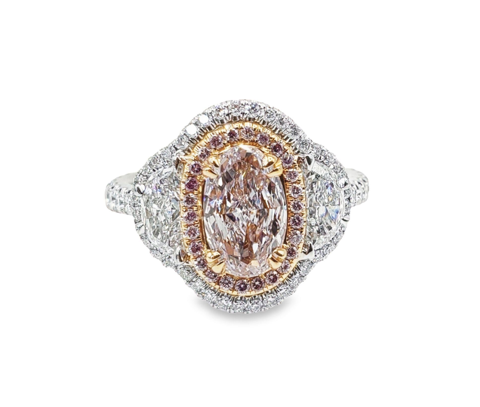 David Rosenberg 1.00 Carat Oval GIA Fancy Pink Platinum Three-Stone Diamond Ring For Sale 1