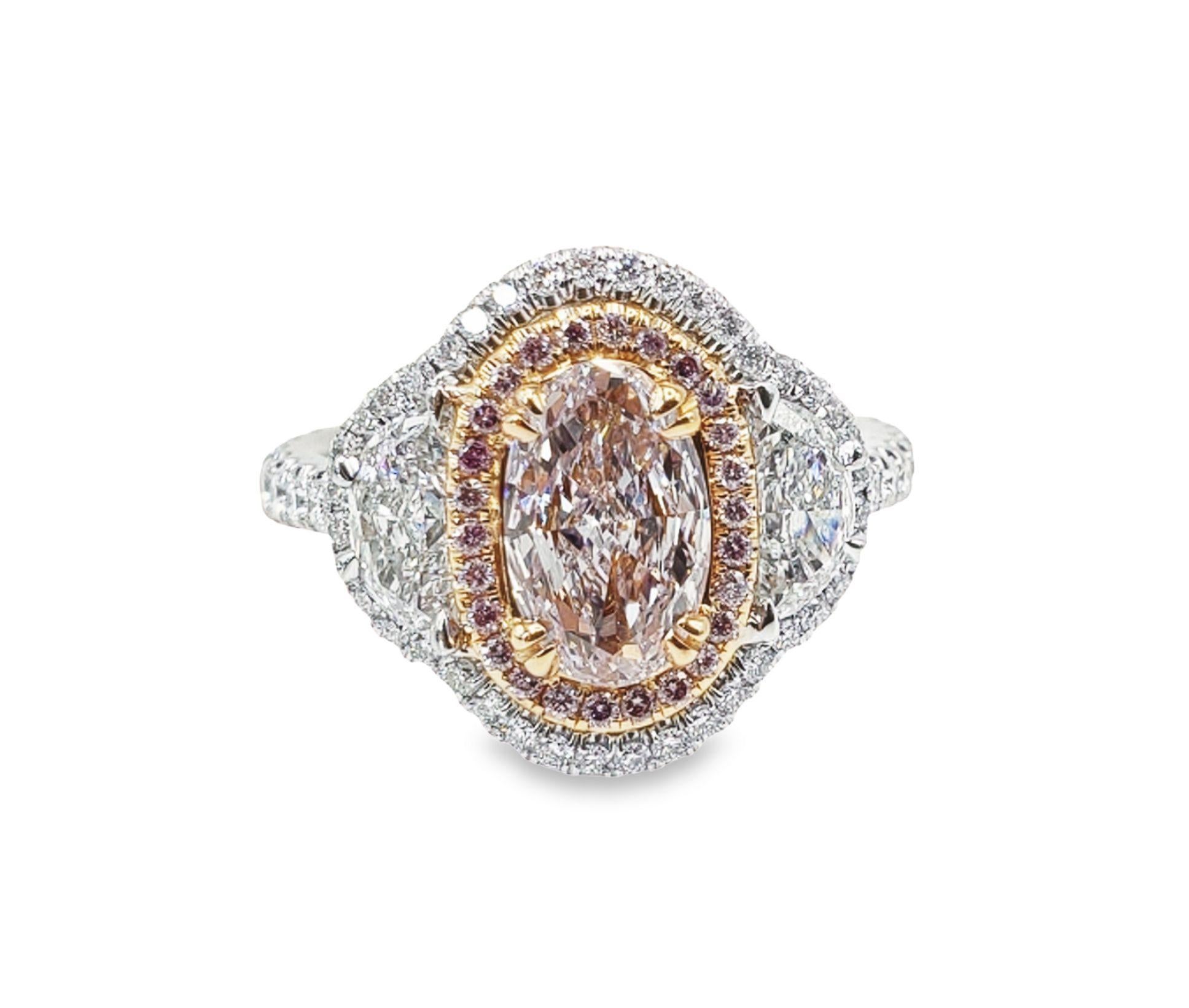 Women's David Rosenberg 1.00 Carat Oval GIA Fancy Pink Platinum Three-Stone Diamond Ring For Sale