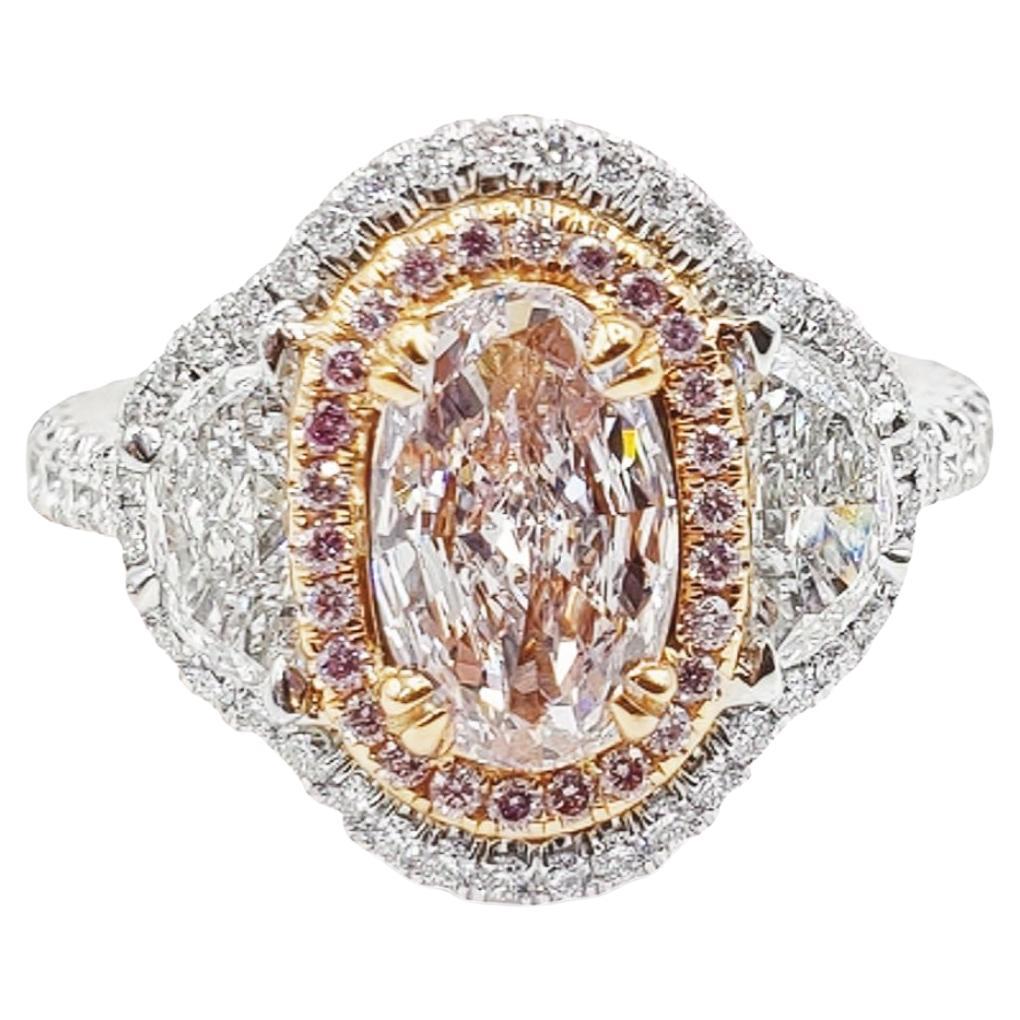 David Rosenberg 1.00 Carat Oval GIA Fancy Pink Platinum Three-Stone Diamond Ring For Sale