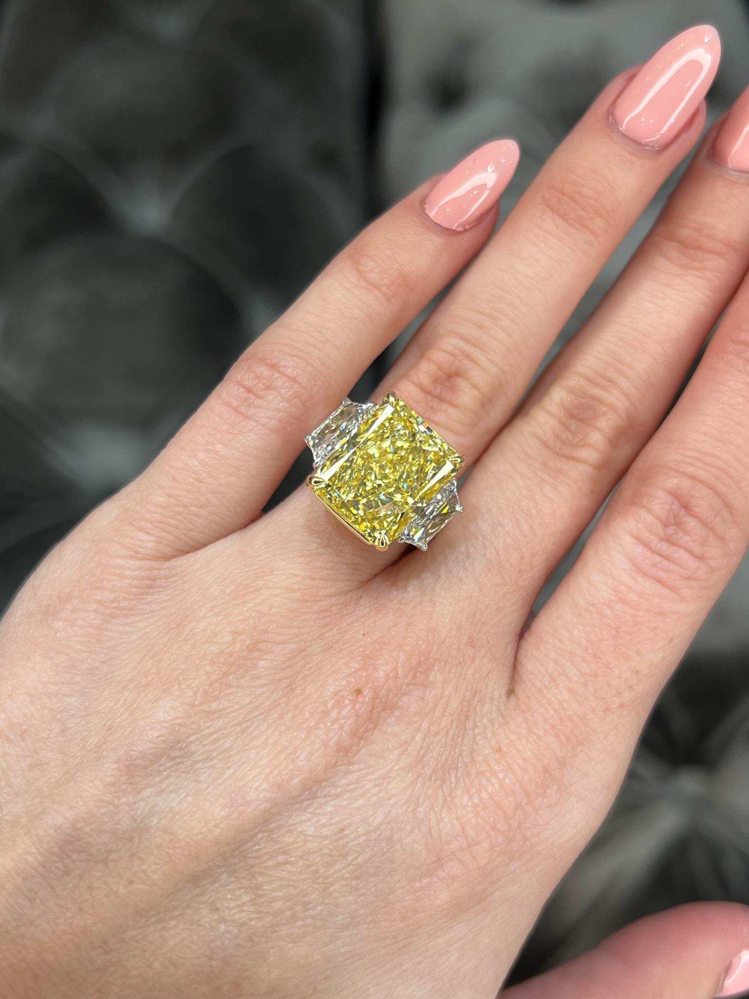 David Rosenberg 10.03 Carat Radiant Fancy Yellow VS2 GIA Diamond Engagement Ring For Sale 2