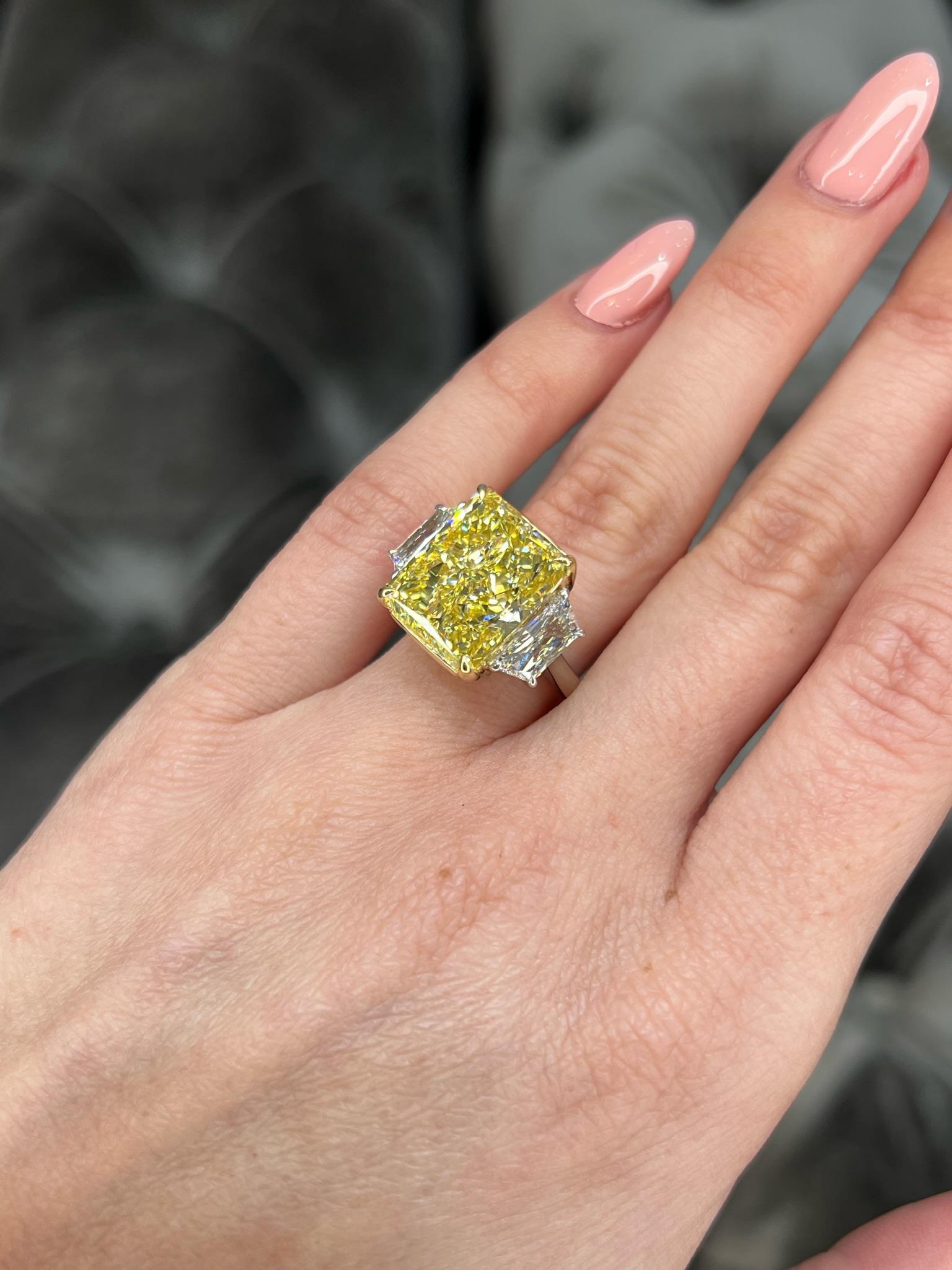 David Rosenberg 10.03 Carat Radiant Fancy Yellow VS2 GIA Diamond Engagement Ring For Sale 3