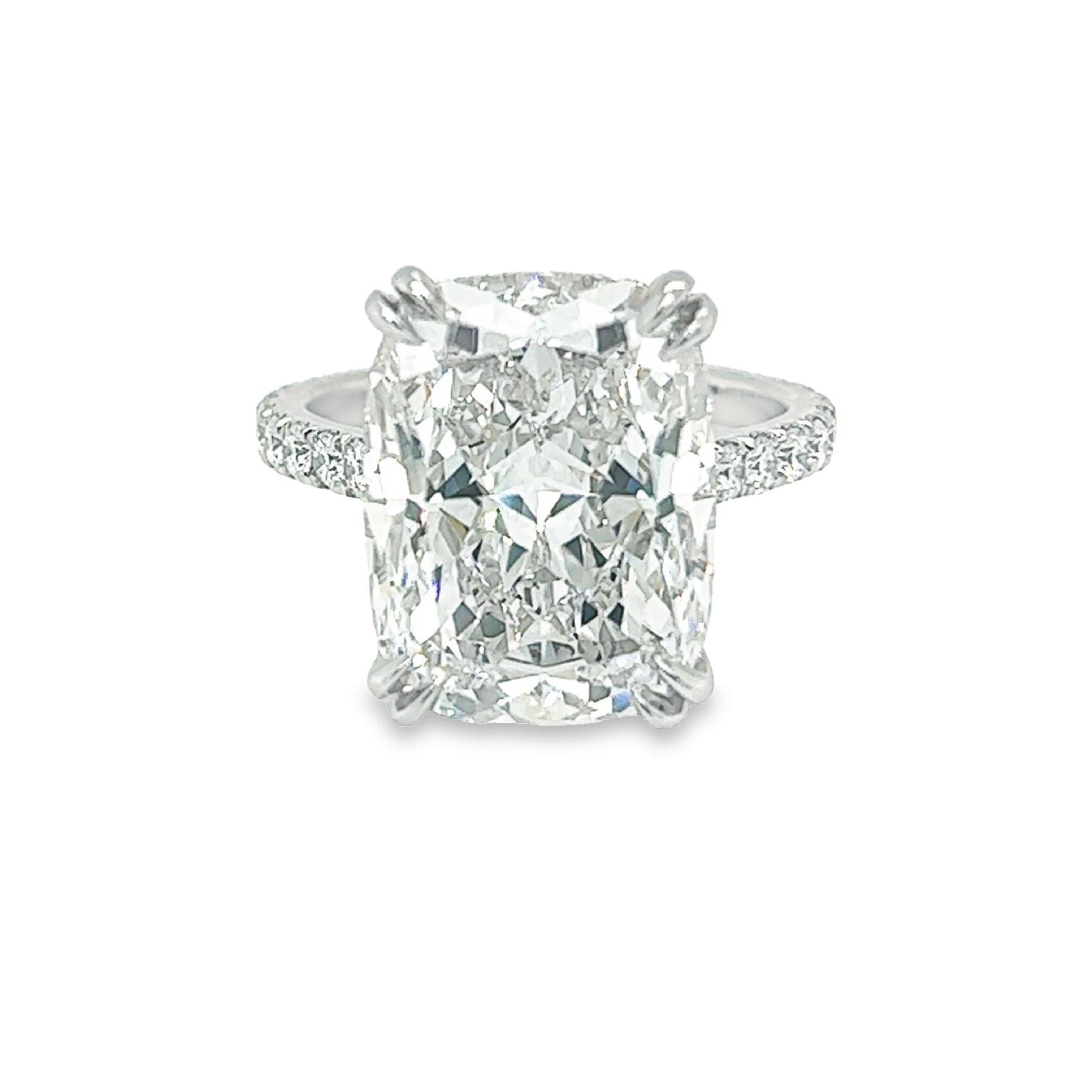 Rosenberg Diamonds & Co. 10.07 carat Cushion cut F color VVS1 clarity is accompanied by a GIA certificate. This spectacular elongated Cushion is full of brilliance and is set in a handmade platinum setting. This ring continues its elegance with