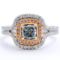David Rosenberg 1.01 Carat Cushion GIA Natural Fancy Light Green Diamond Ring