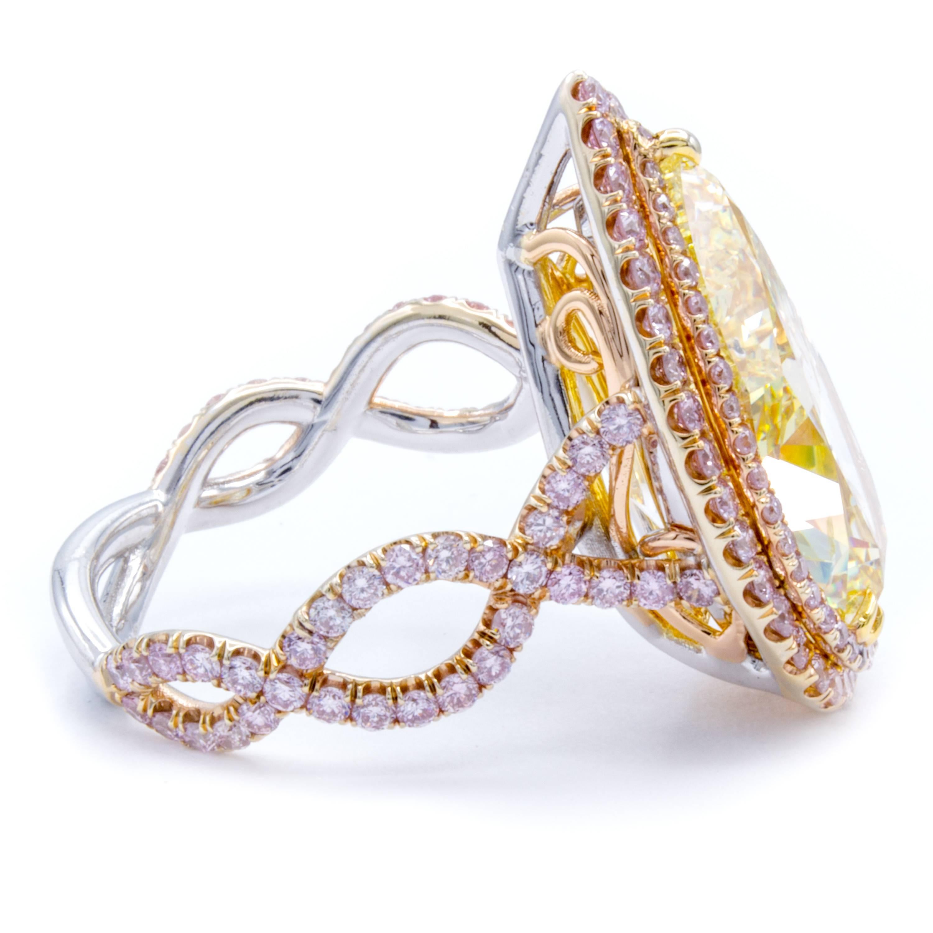 Modern David Rosenberg 10.39 Carat Fancy Yellow Pear Shape GIA, Pink Halo Diamond Ring