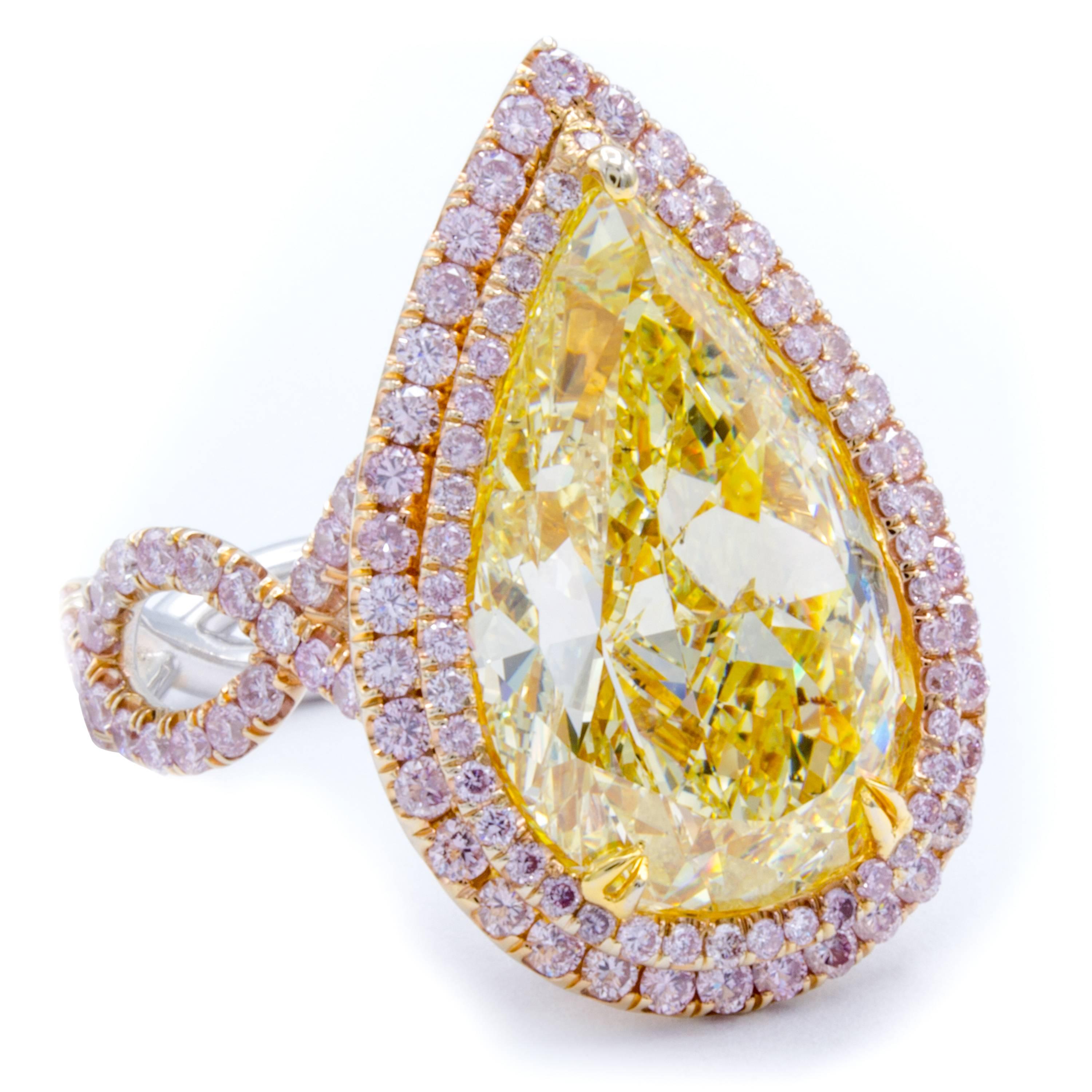 Pear Cut David Rosenberg 10.39 Carat Fancy Yellow Pear Shape GIA, Pink Halo Diamond Ring