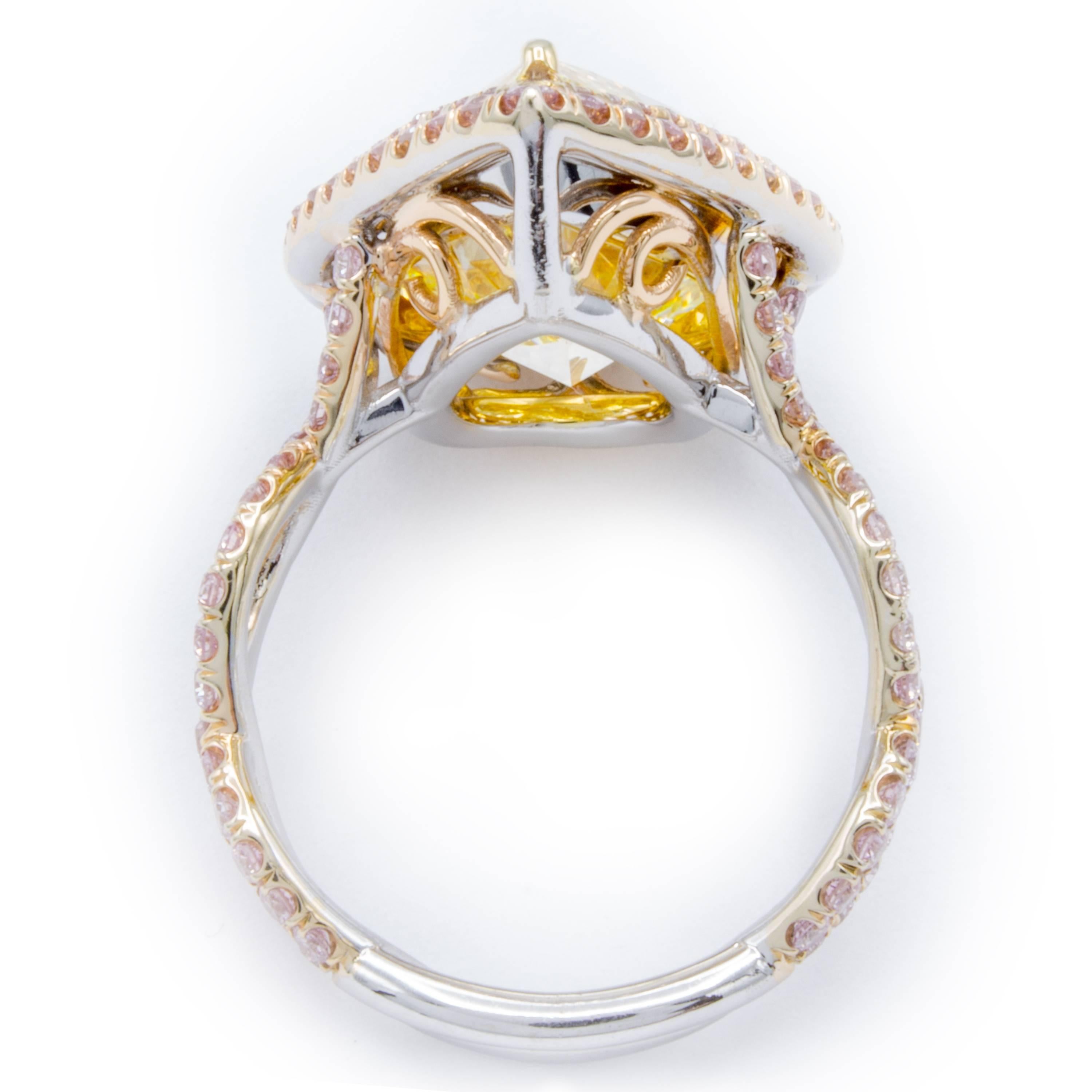 David Rosenberg 10.39 Carat Fancy Yellow Pear Shape GIA, Pink Halo Diamond Ring In New Condition In Boca Raton, FL