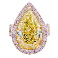 David Rosenberg 10.39 Carat Fancy Yellow Pear Shape GIA, Pink Halo Diamond Ring