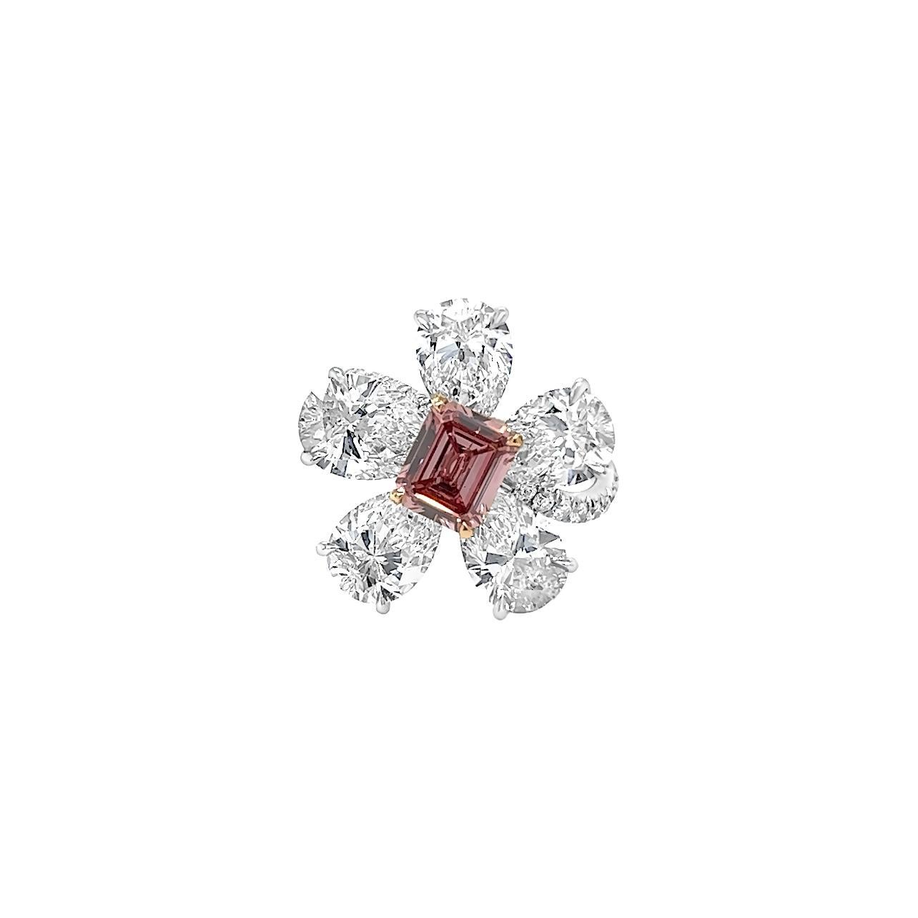 David Rosenberg 1,10 Karat Smaragdschliff Fancy Deep Pink GIA Blumen-Diamantring (Moderne) im Angebot