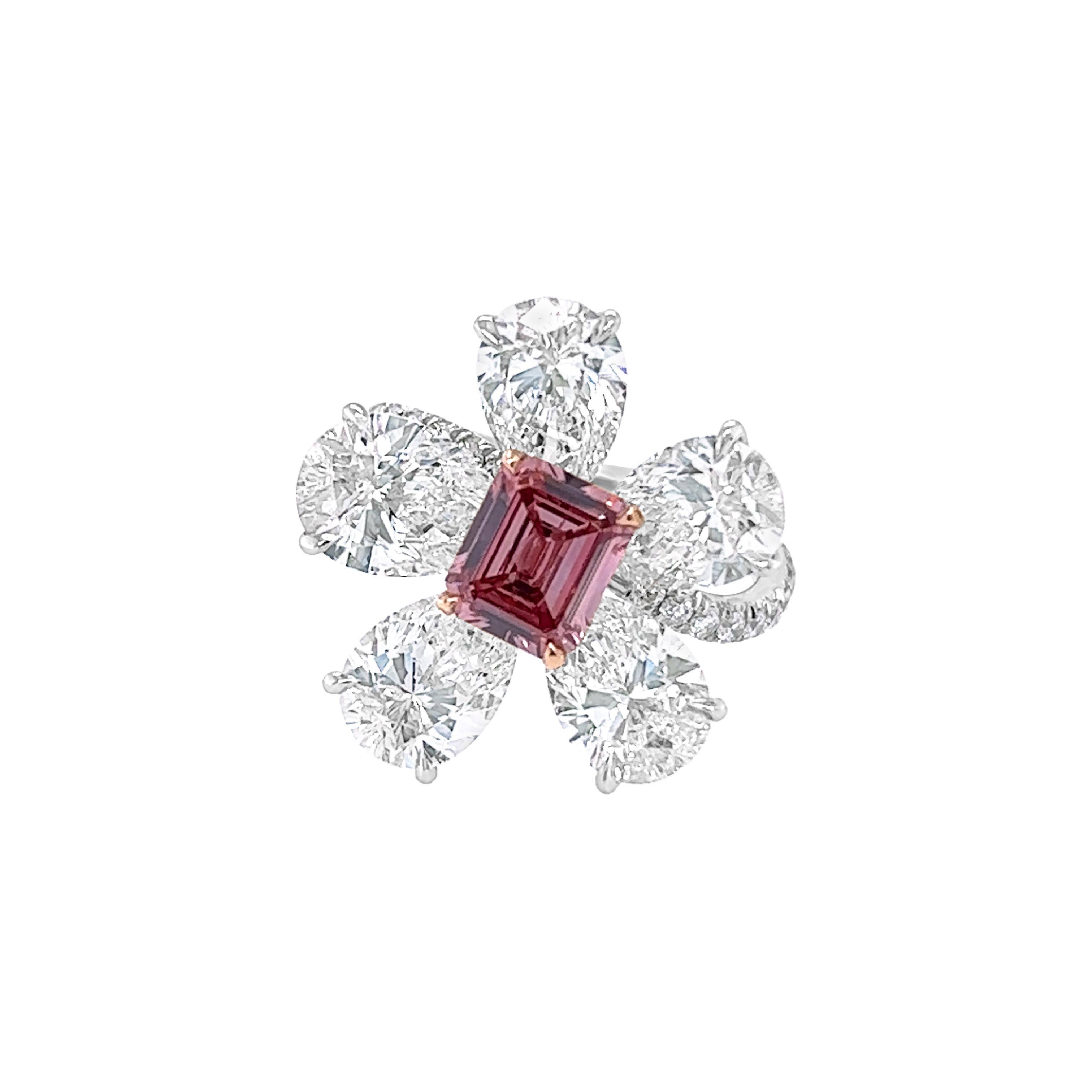 Women's David Rosenberg 1.10ct Emerald Cut Fancy Deep Pink GIA Flower Diamond Ring For Sale