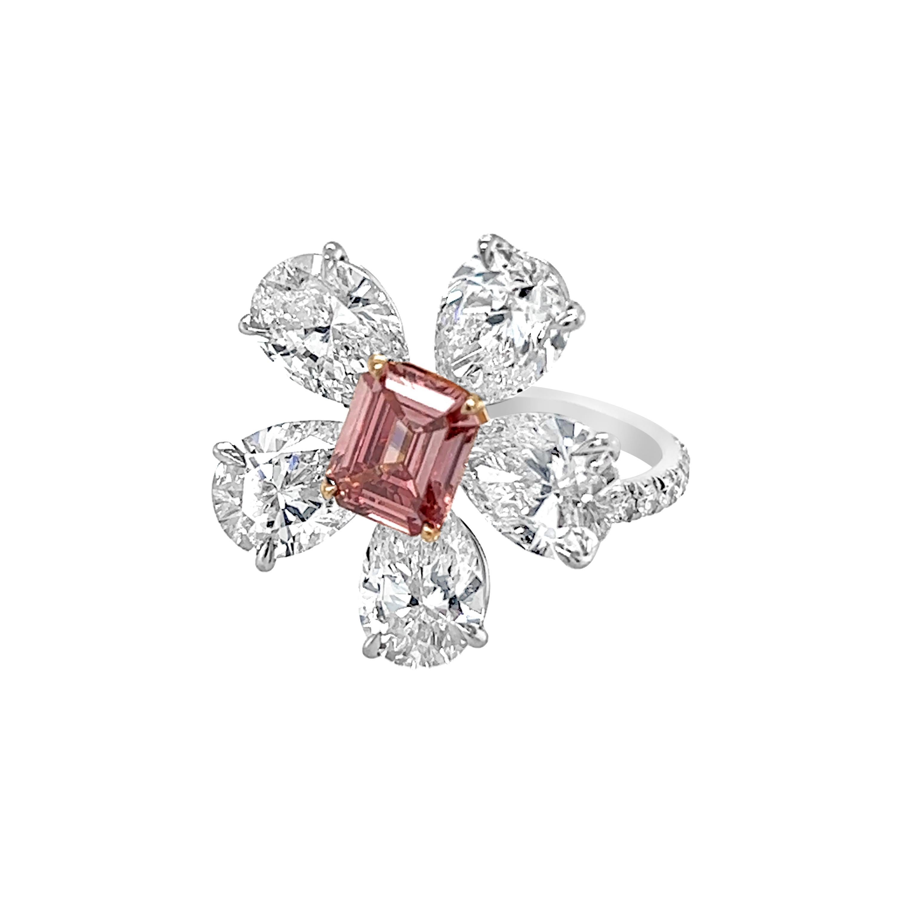 David Rosenberg 1,10 Karat Smaragdschliff Fancy Deep Pink GIA Blumen-Diamantring im Angebot 2