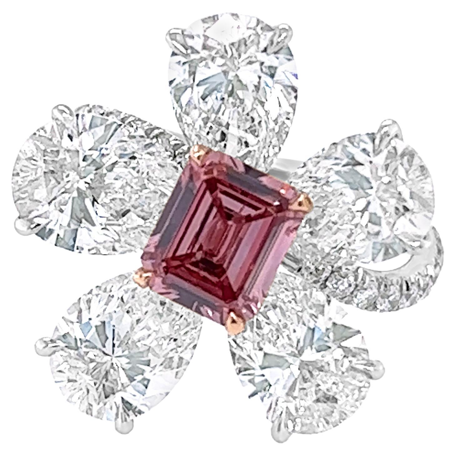 David Rosenberg 1.10ct Emerald Cut Fancy Deep Pink GIA Flower Diamond Ring