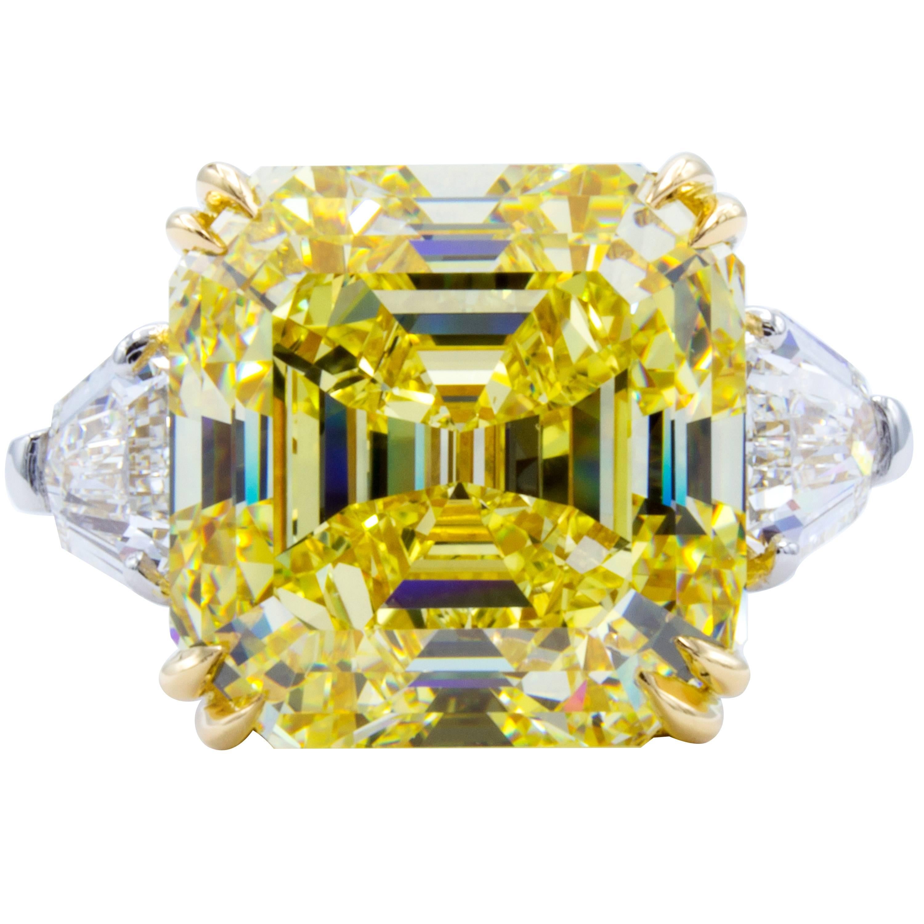 David Rosenberg 11.62 ct  Fancy Intense Yellow Emerald GIA Platinum Diamond Ring